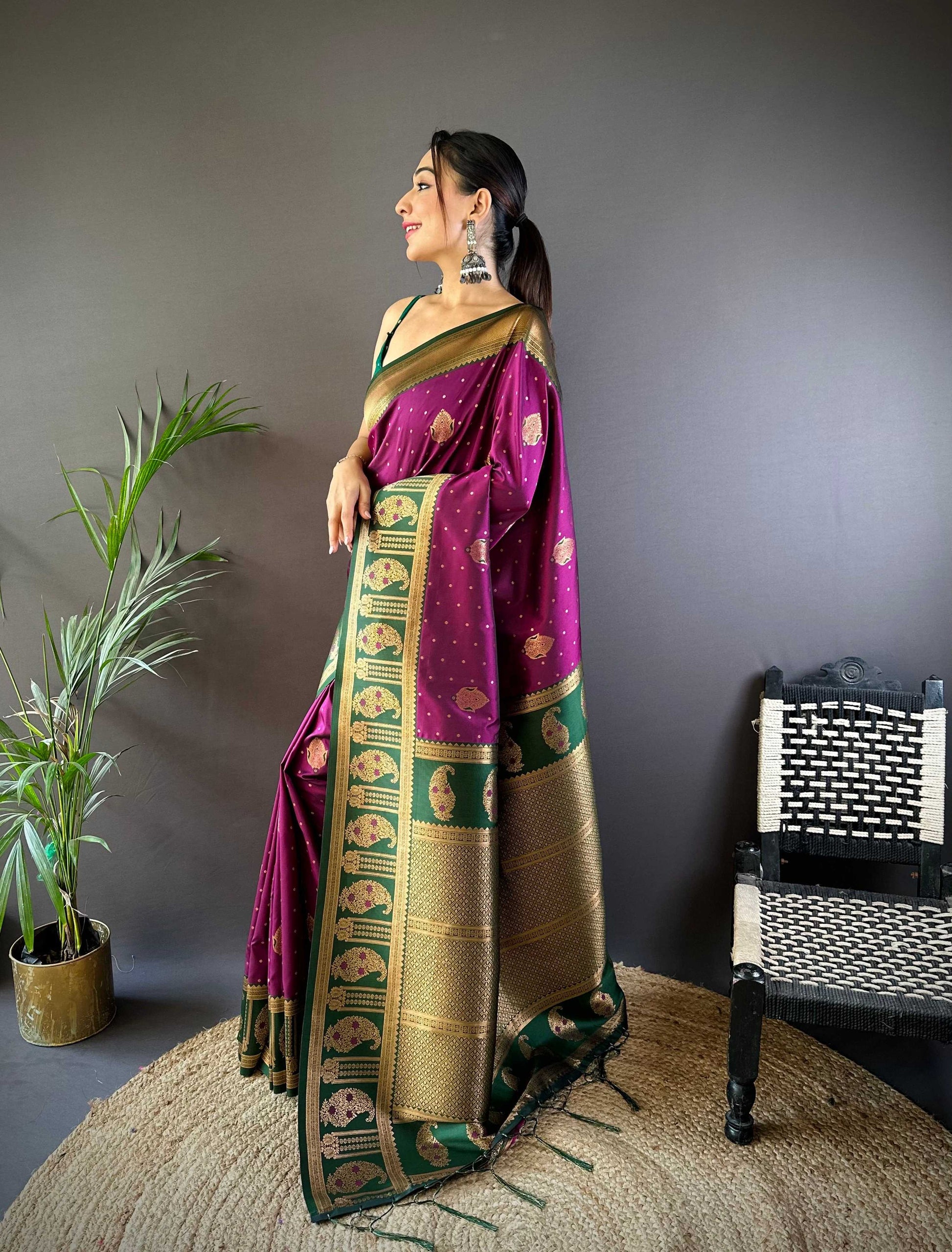 Sonakshi Women's Wine Banarasi Silk Zari Woven Traditional Saree with Blouse | Swadesiicart