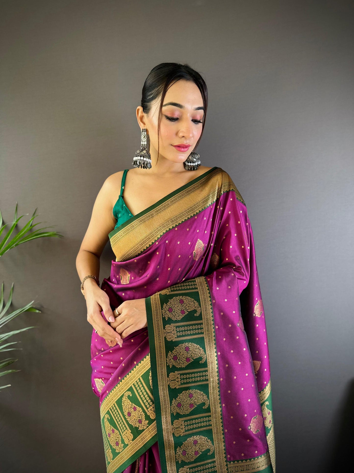 Sonakshi Women's Wine Banarasi Silk Zari Woven Traditional Saree with Blouse | Swadesiicart