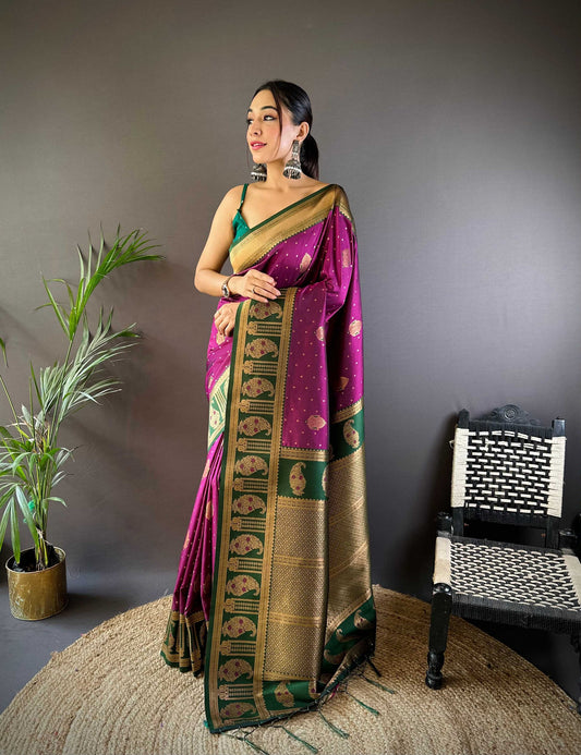 Sonakshi Women's Wine Banarasi Silk Zari Woven Traditional Saree with Blouse | Swadesiicart