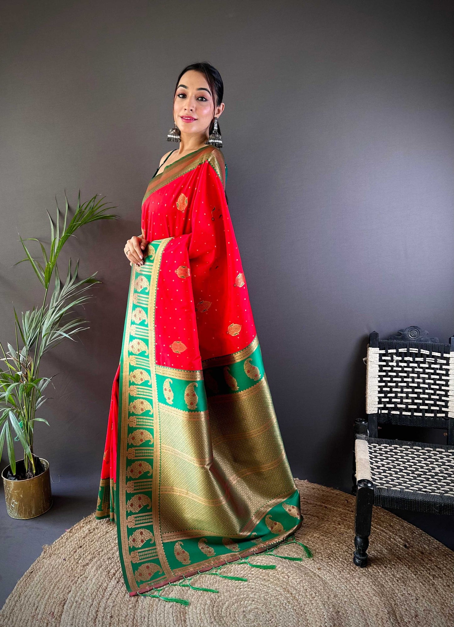 Sonakshi Women's Red Banarasi Silk Zari Woven Traditional Saree with Blouse | Swadesiicart
