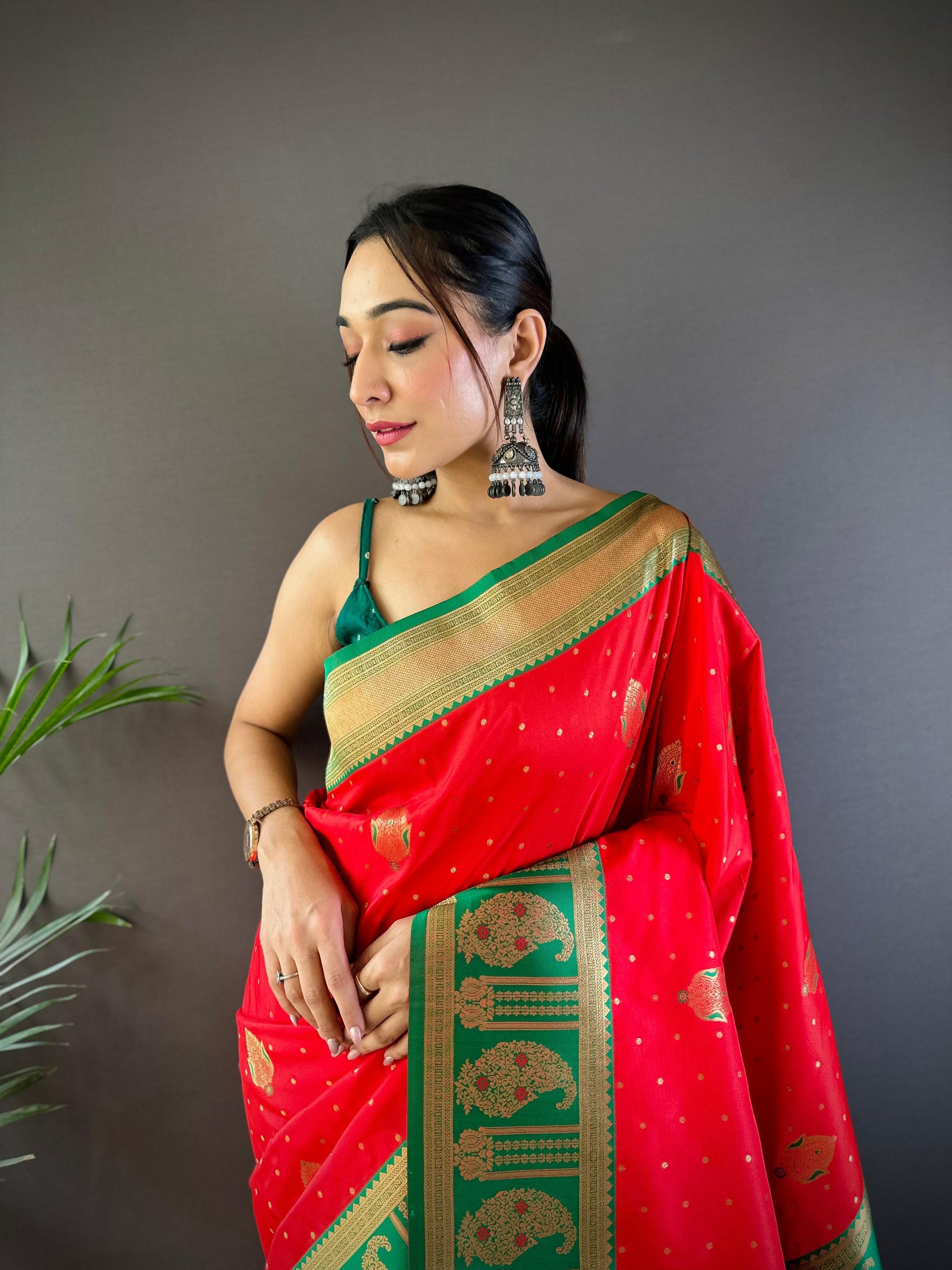 Sonakshi Women's Red Banarasi Silk Zari Woven Traditional Saree with Blouse | Swadesiicart