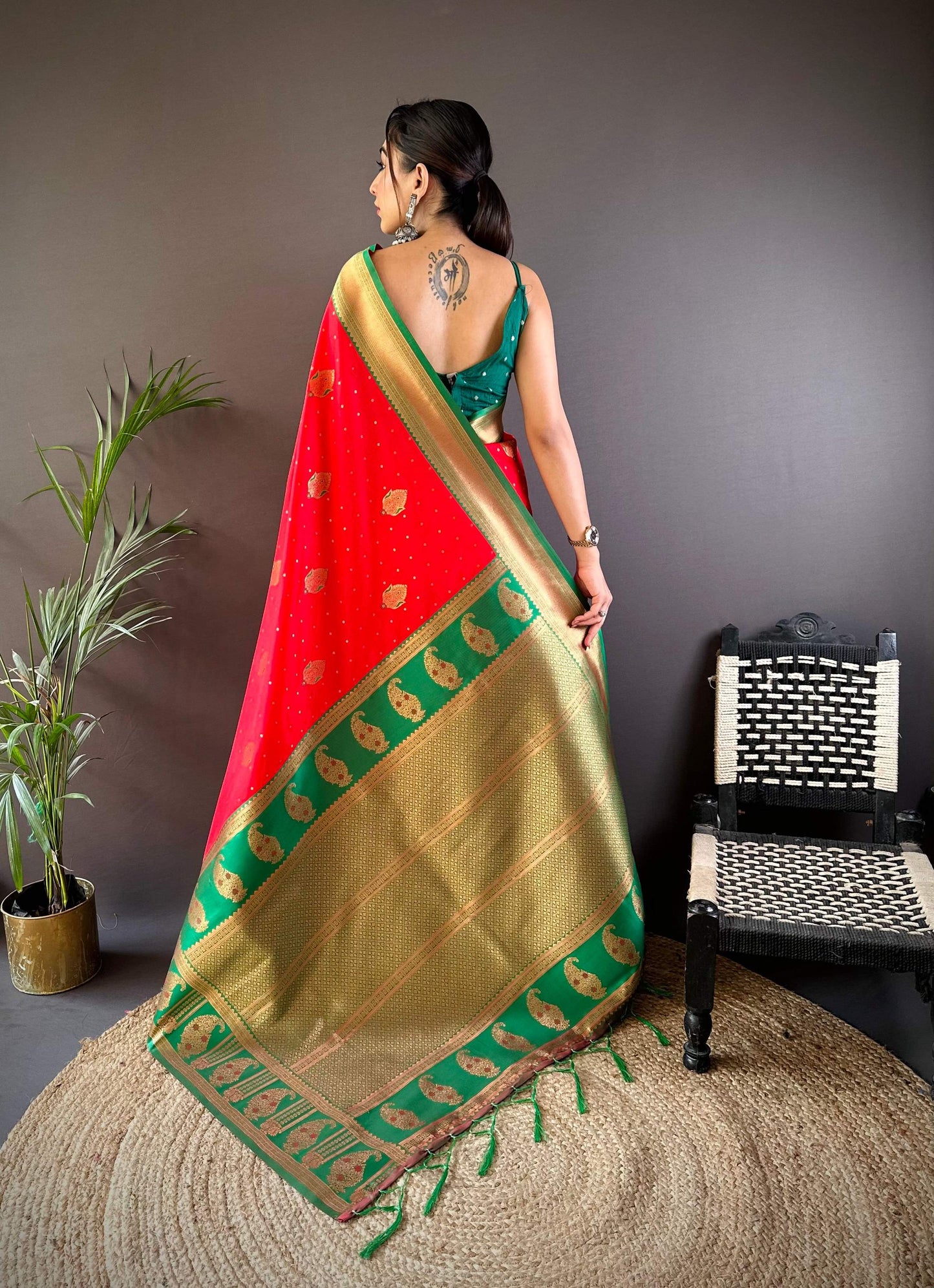 Sonakshi Women's Red Banarasi Silk Zari Woven Traditional Saree with Blouse | Swadesiicart