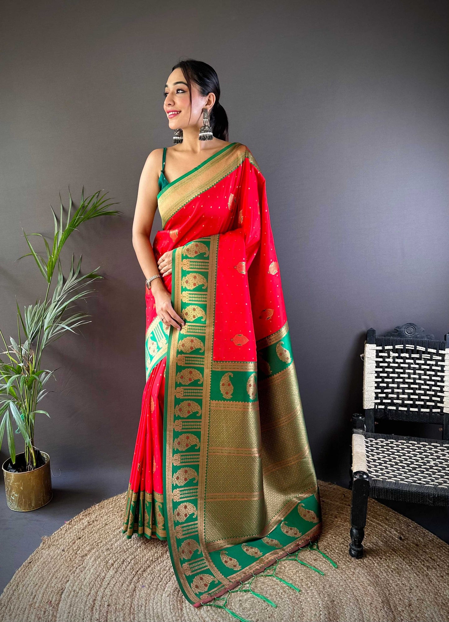 Sonakshi Women's Red Banarasi Silk Zari Woven Traditional Saree with Blouse | Swadesiicart