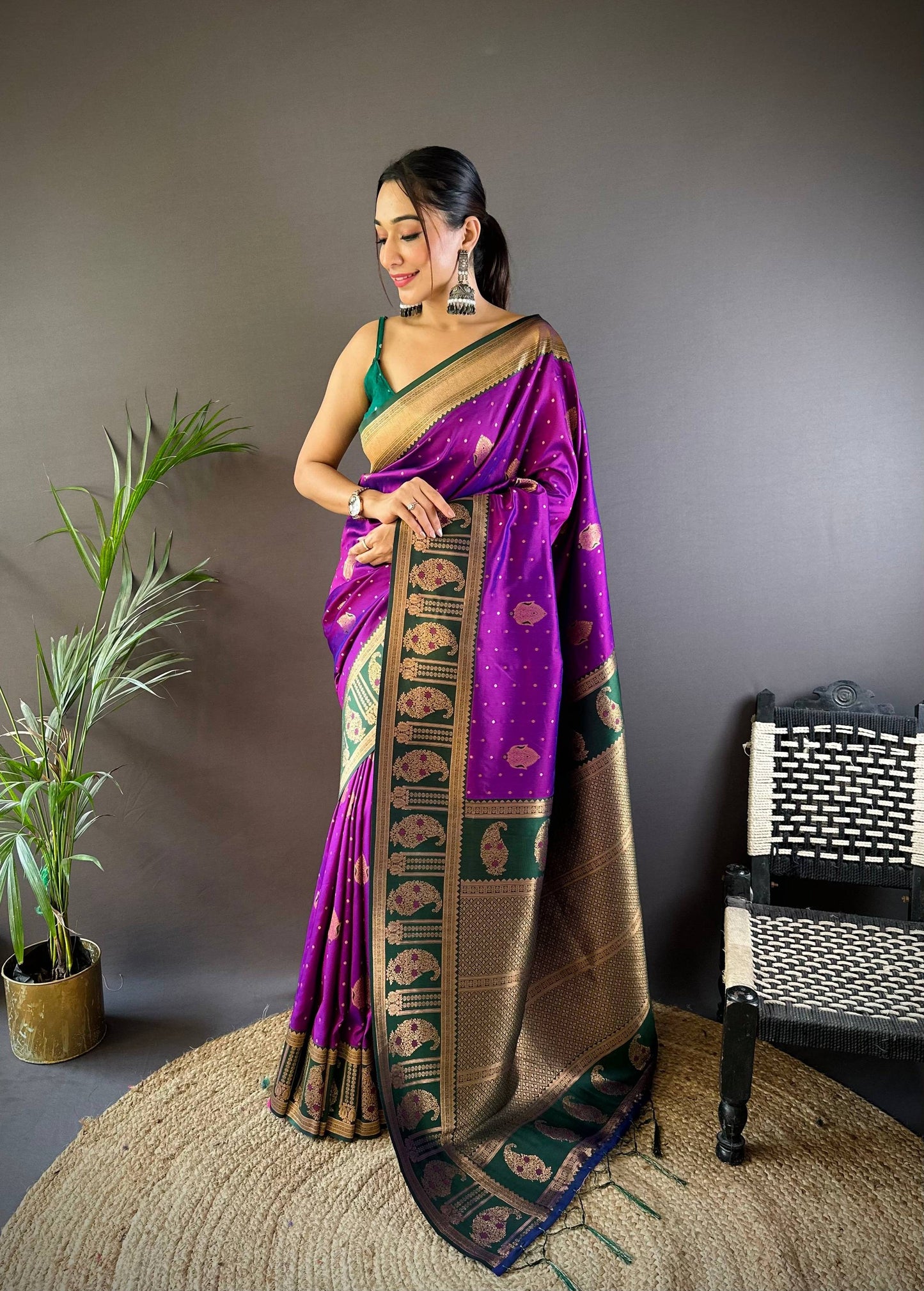 Sonakshi Women's Purple Banarasi Silk Zari Woven Traditional Saree with Blouse | Swadesiicart