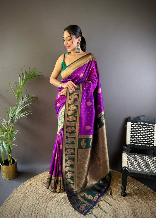 Sonakshi Women's Purple Banarasi Silk Zari Woven Traditional Saree with Blouse | Swadesiicart
