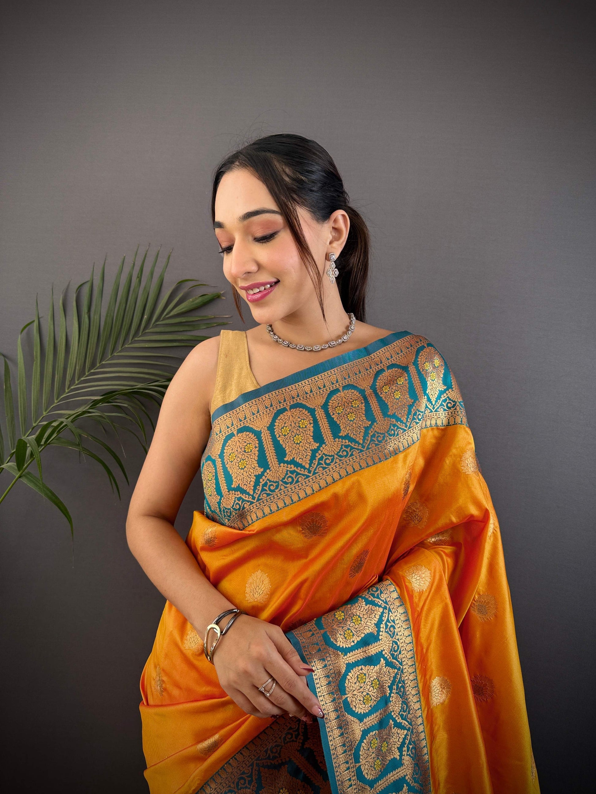 Sonakshi Women's Morepeech Banarasi Silk Zari Woven Traditional Saree with Blouse | Swadesiicart