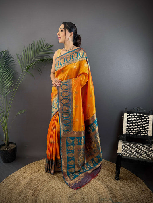 Sonakshi Women's Morepeech Banarasi Silk Zari Woven Traditional Saree with Blouse | Swadesiicart