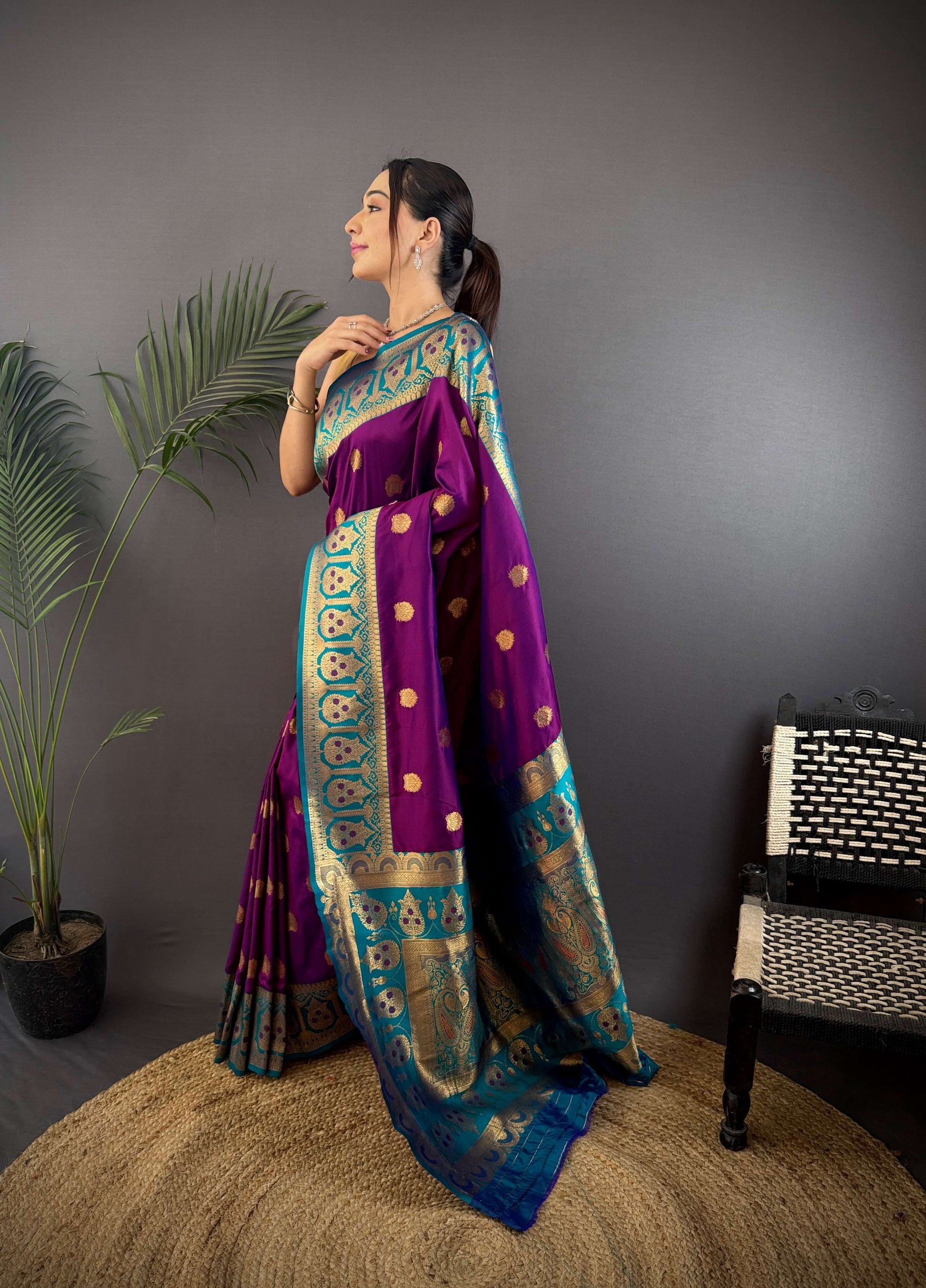 Sonakshi Women's Purple Banarasi Silk Zari Woven Traditional Saree with Blouse | Swadesiicart
