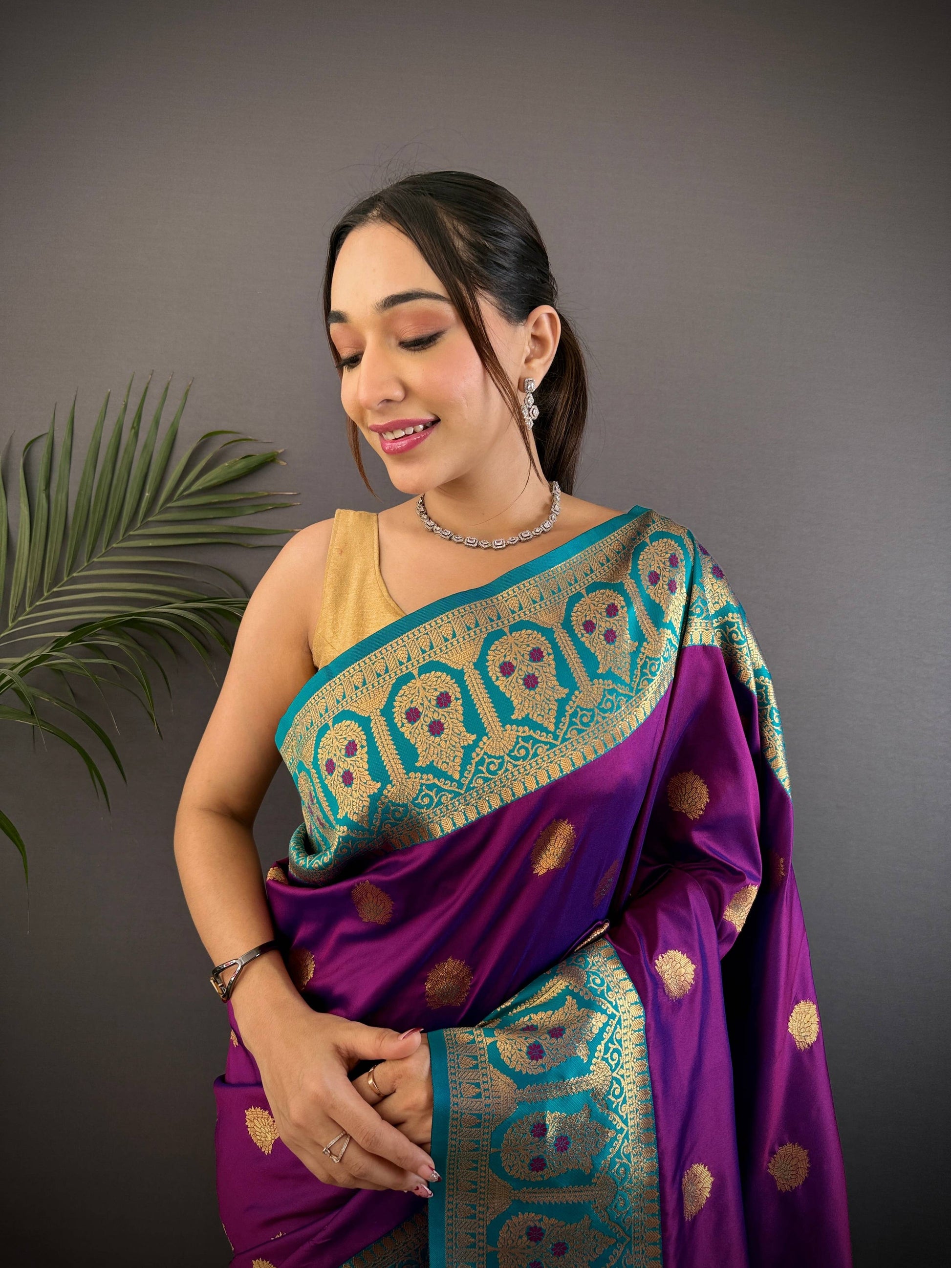 Sonakshi Women's Purple Banarasi Silk Zari Woven Traditional Saree with Blouse | Swadesiicart