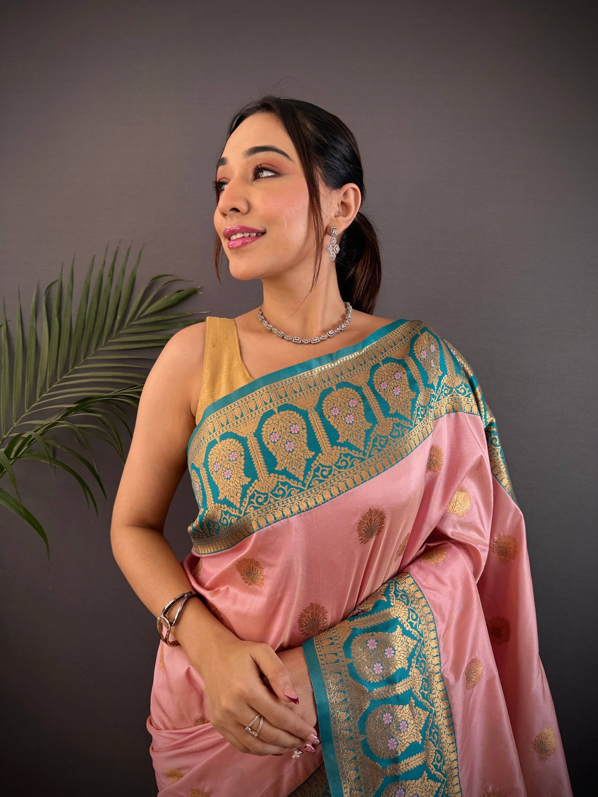 Sonakshi Women's Light Peach Banarasi Silk Zari Woven Traditional Saree with Blouse | Swadesiicart