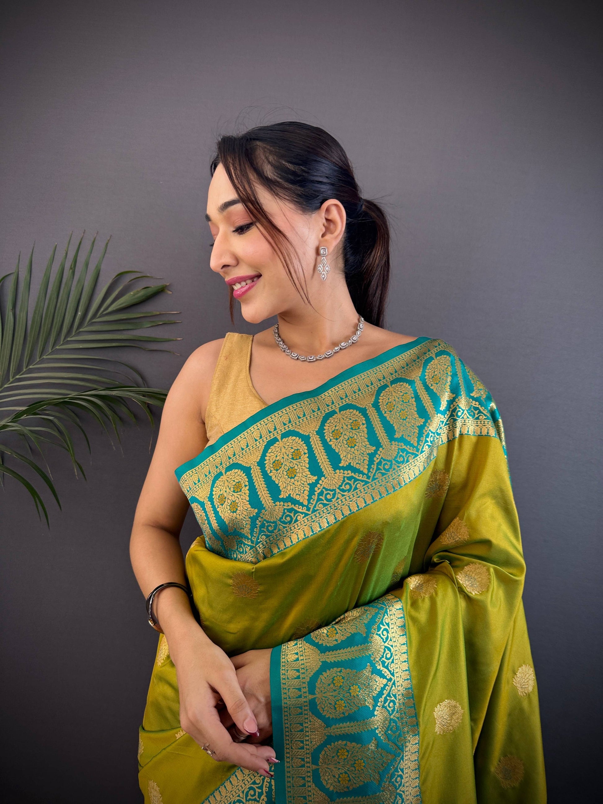 Sonakshi Women's Mehendi Banarasi Silk Zari Woven Traditional Saree with Blouse | Swadesiicart