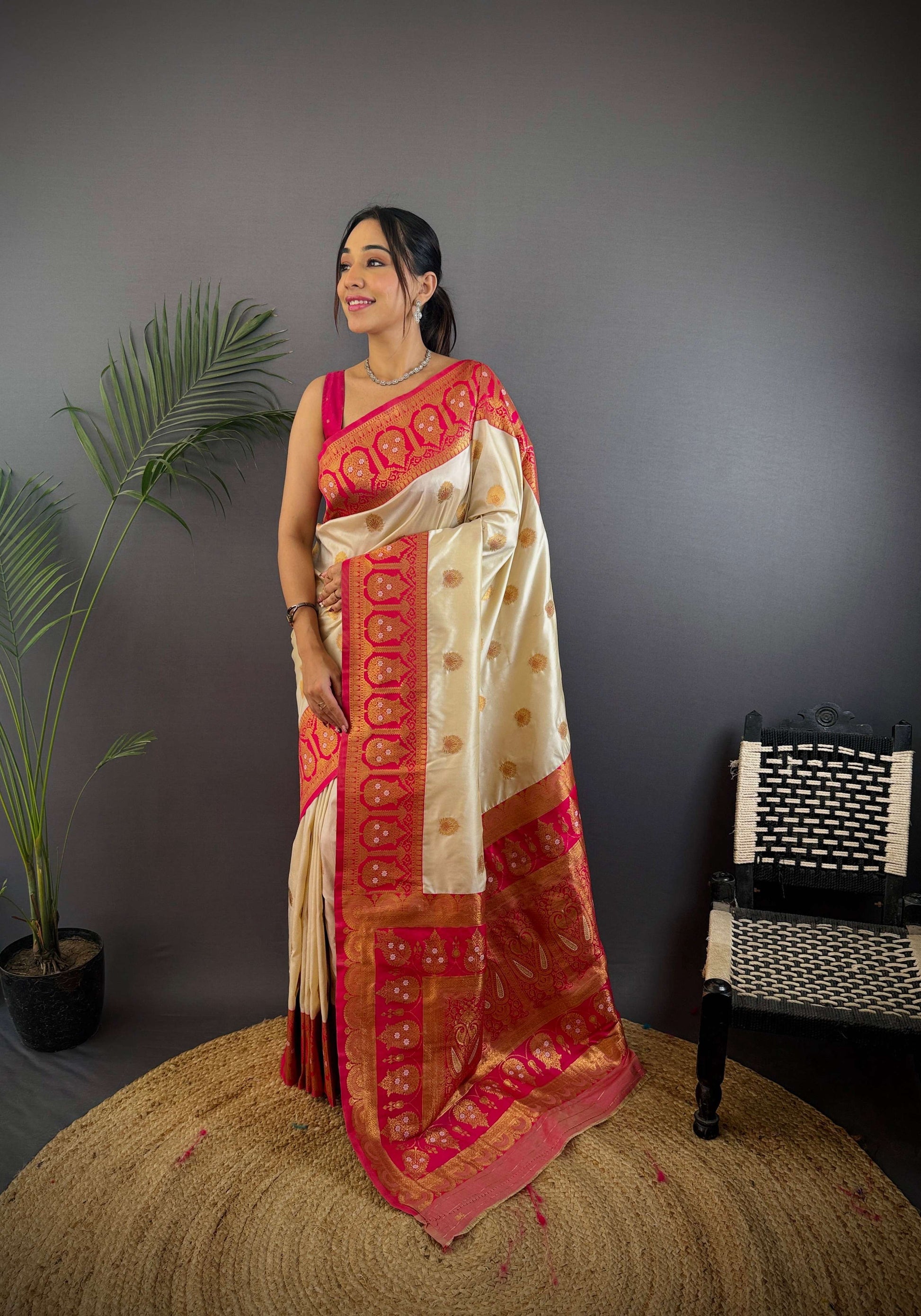 Sonakshi Women's Cream Banarasi Silk Zari Woven Traditional Saree with Blouse | Swadesiicart