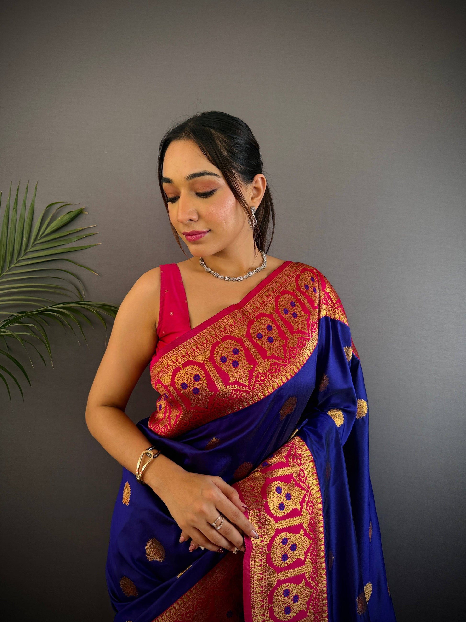 Sonakshi Women's Navy Blue Banarasi Silk Zari Woven Traditional Saree with Blouse | Swadesiicart