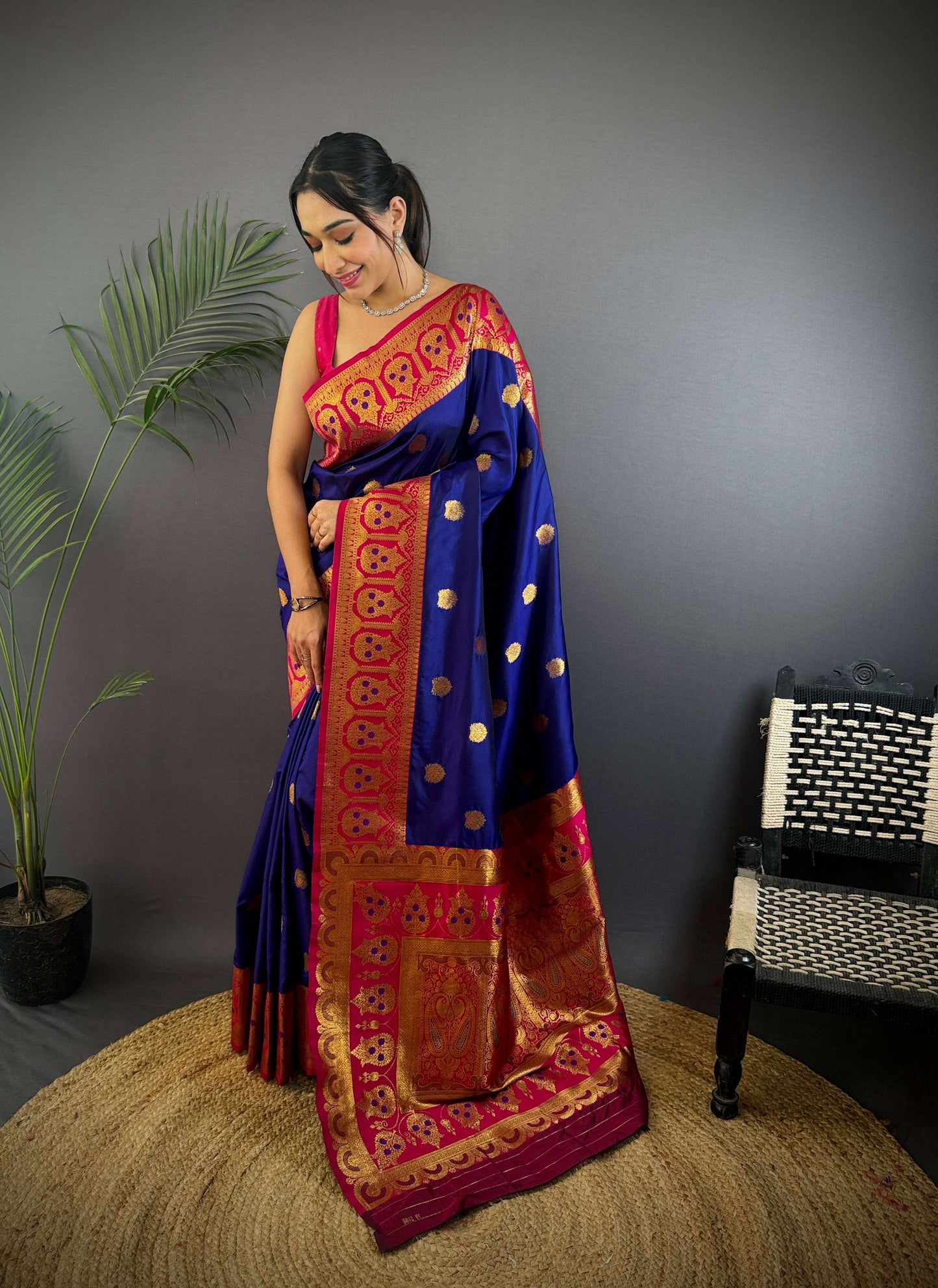 Sonakshi Women's Navy Blue Banarasi Silk Zari Woven Traditional Saree with Blouse | Swadesiicart