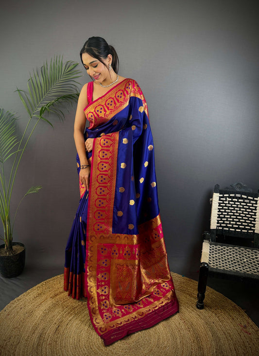 Sonakshi Women's Navy Blue Banarasi Silk Zari Woven Traditional Saree with Blouse | Swadesiicart