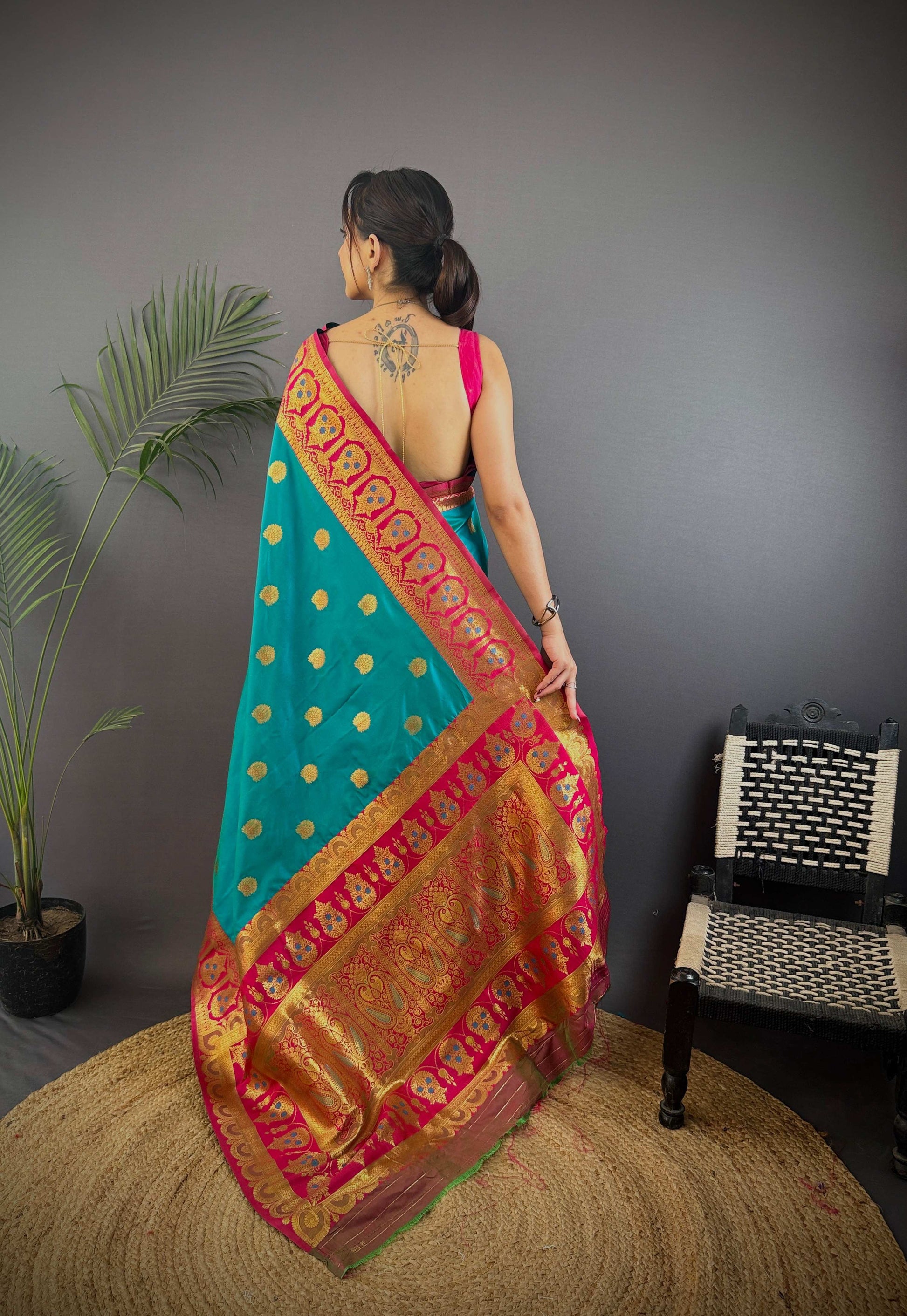 Sonakshi Women's Teal Banarasi Silk Zari Woven Traditional Saree with Blouse | Swadesiicart