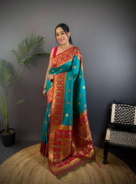 Sonakshi Women's Teal Banarasi Silk Zari Woven Traditional Saree with Blouse | Swadesiicart