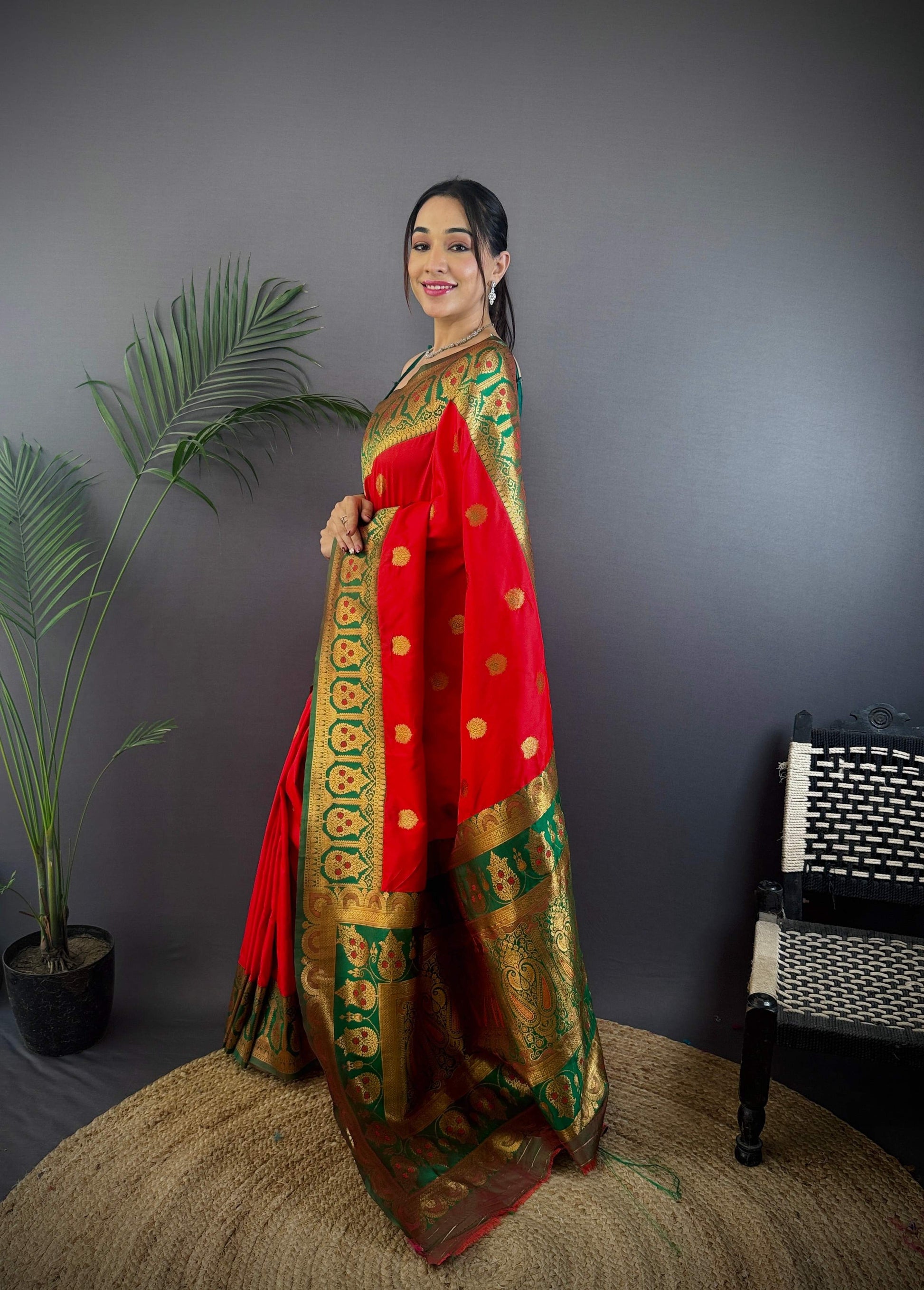 Sonakshi Women's Red Banarasi Silk Zari Woven Traditional Saree with Blouse | Swadesiicart