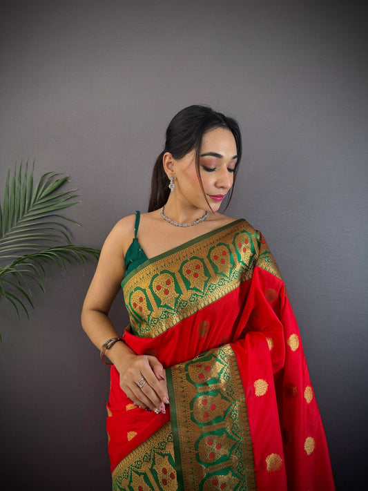 Sonakshi Women's Red Banarasi Silk Zari Woven Traditional Saree with Blouse | Swadesiicart