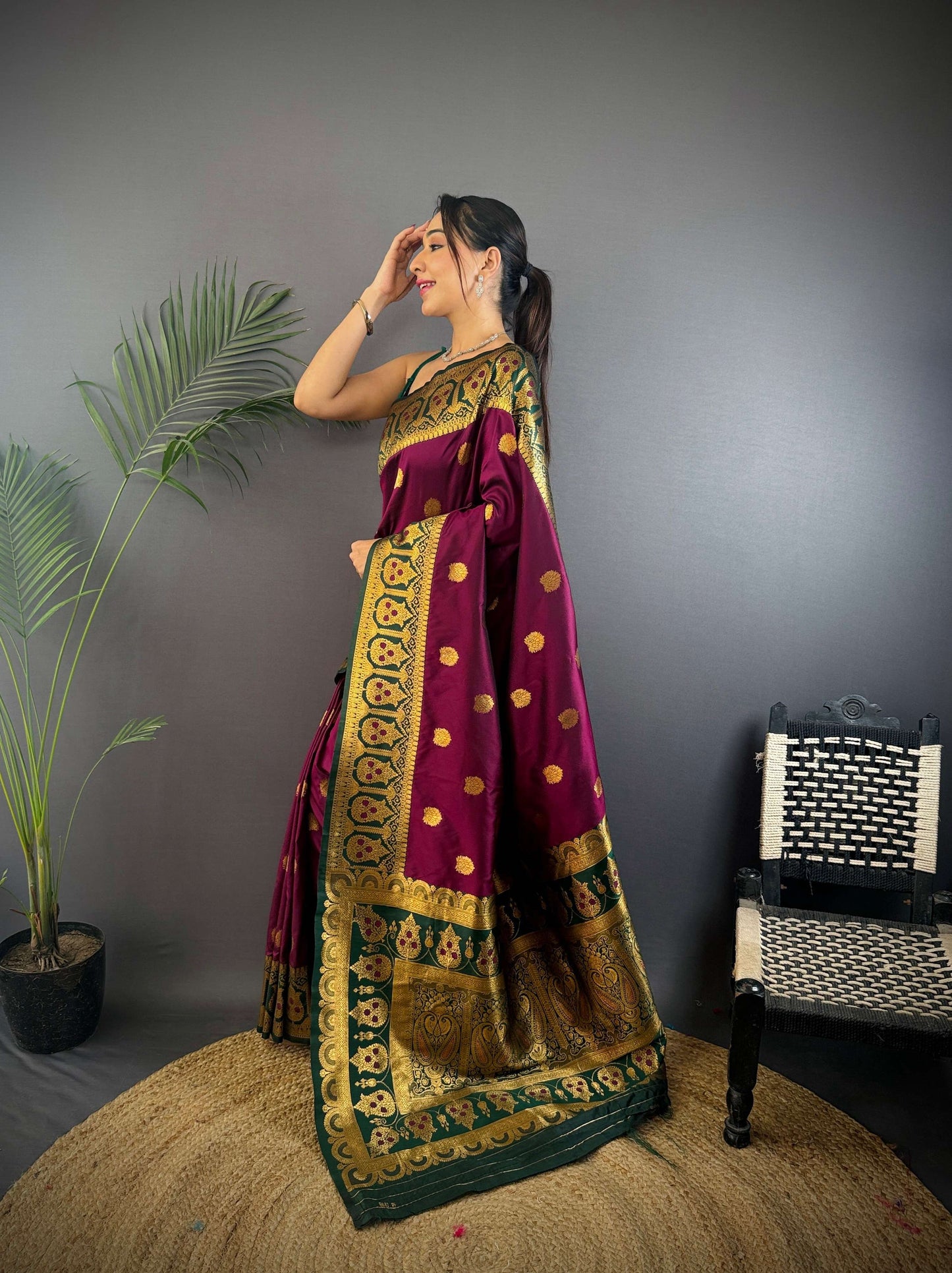 Sonakshi Women's Wine Banarasi Silk Zari Woven Traditional Saree with Blouse | Swadesiicart