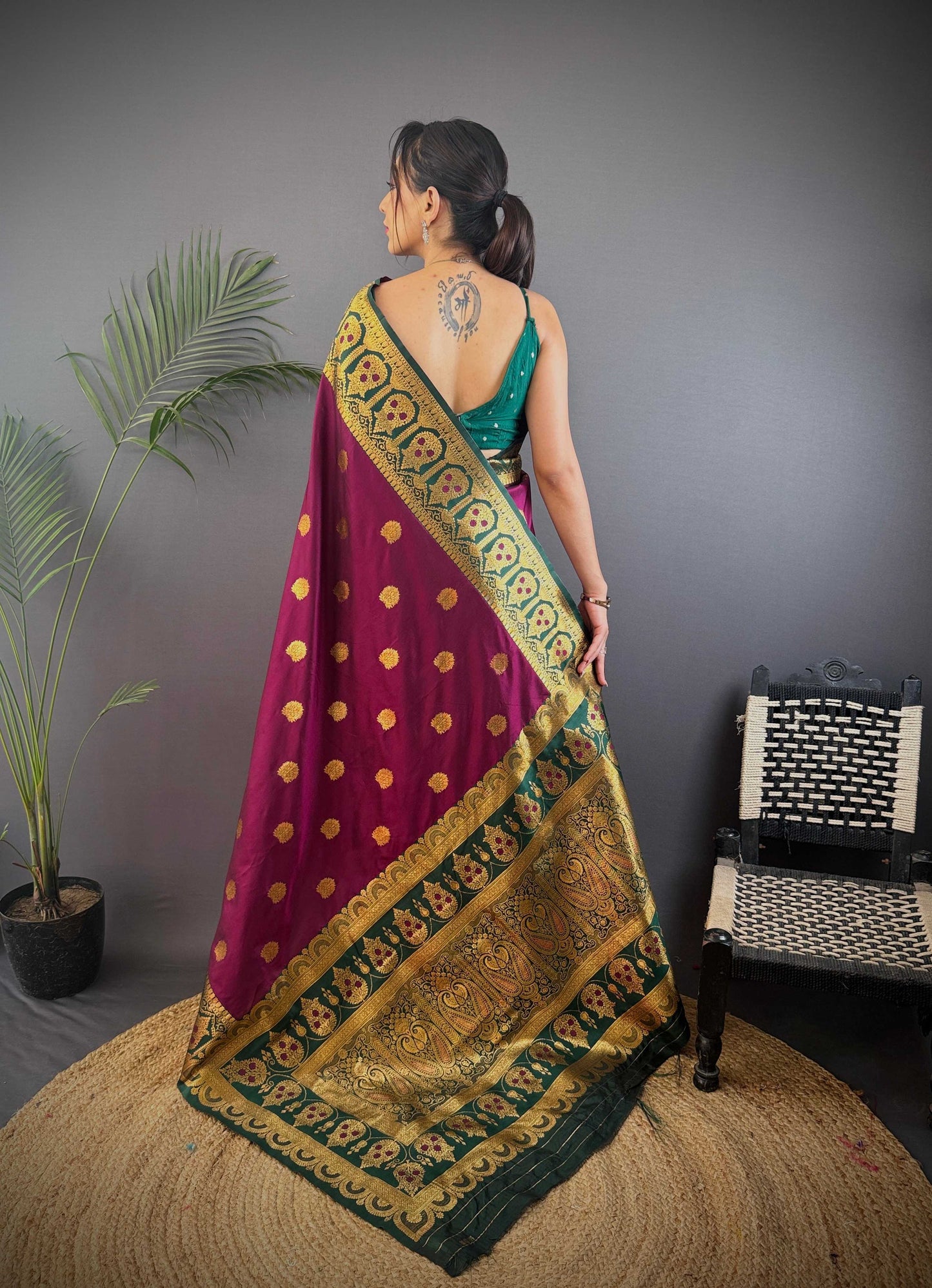 Sonakshi Women's Wine Banarasi Silk Zari Woven Traditional Saree with Blouse | Swadesiicart