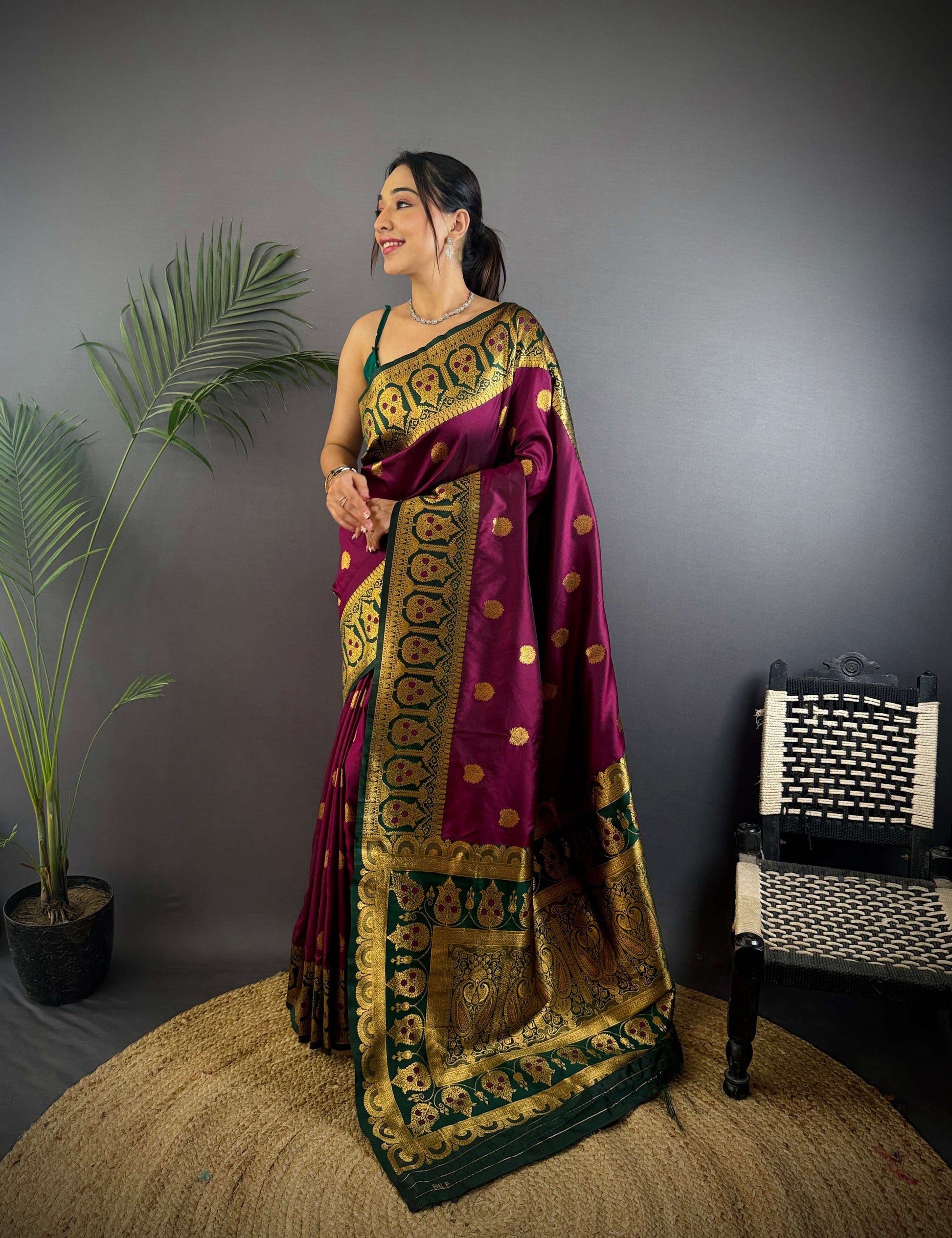 Sonakshi Women's Wine Banarasi Silk Zari Woven Traditional Saree with Blouse | Swadesiicart