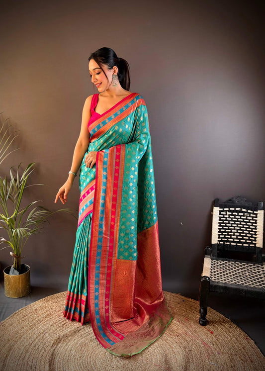 Sonakshi Women's Teal Banarasi Silk Zari Woven Traditional Saree with Blouse | Swadesiicart