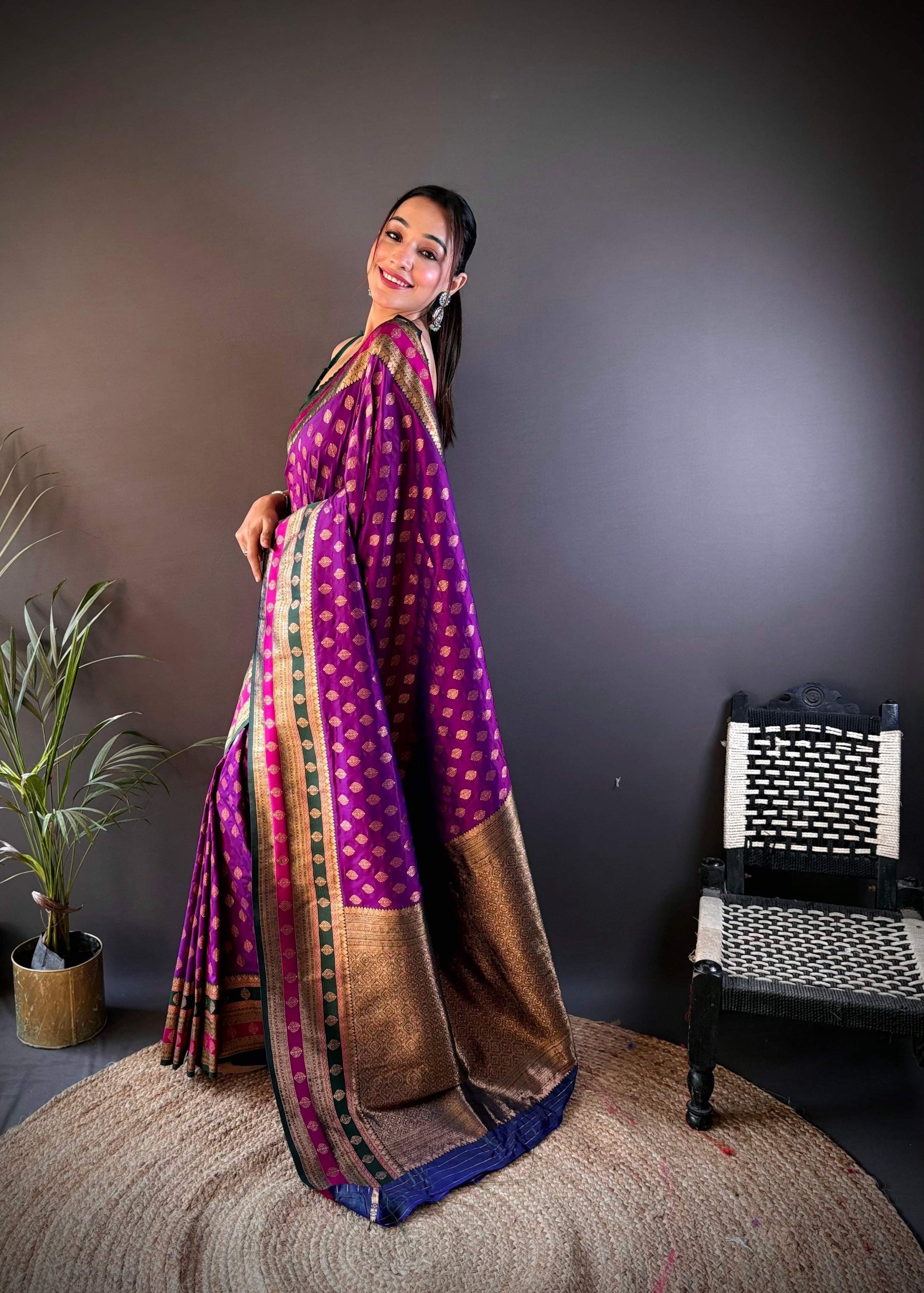 Sonakshi Women's Purple Banarasi Silk Zari Woven Traditional Saree with Blouse | Swadesiicart