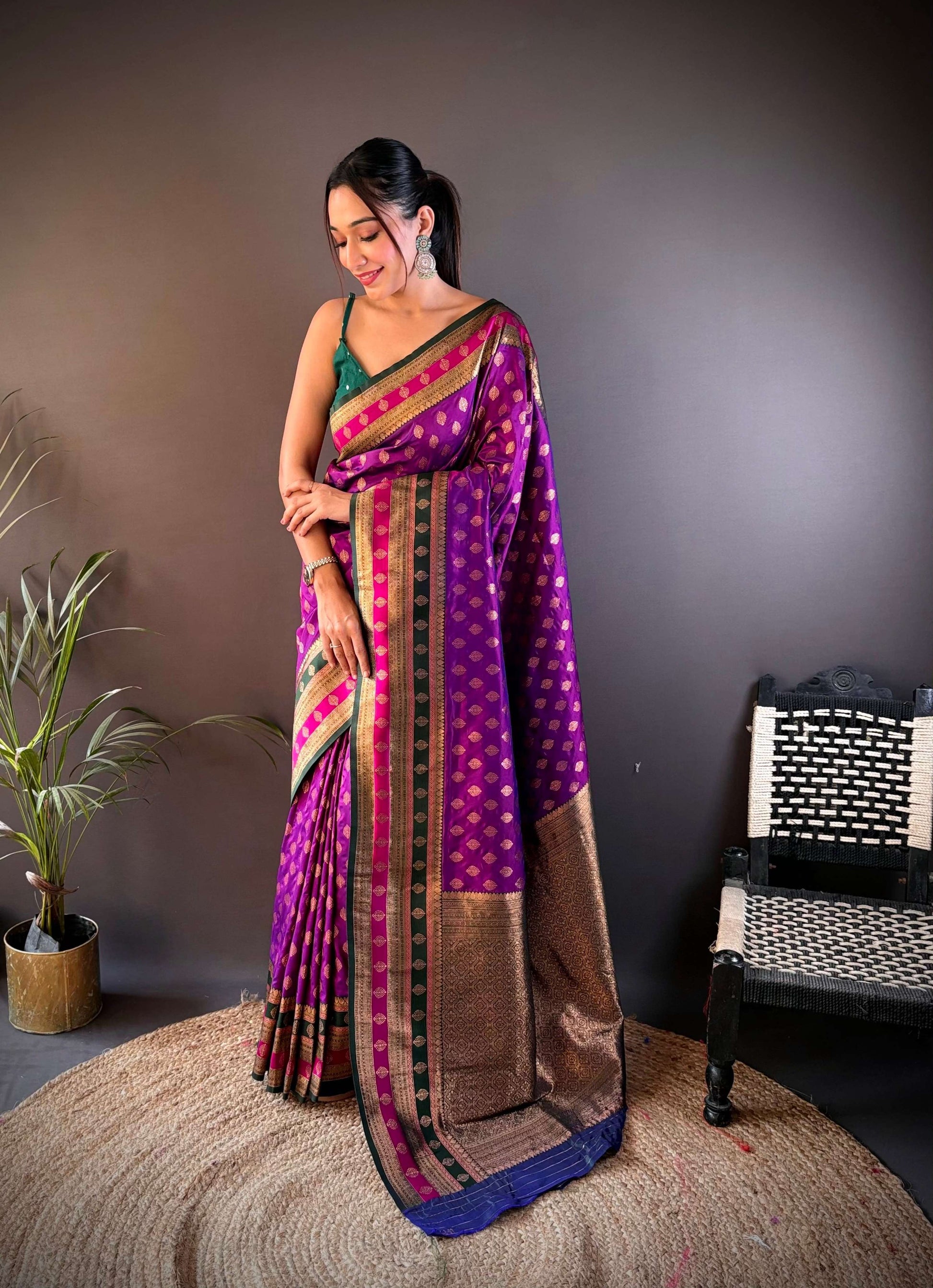 Sonakshi Women's Purple Banarasi Silk Zari Woven Traditional Saree with Blouse | Swadesiicart