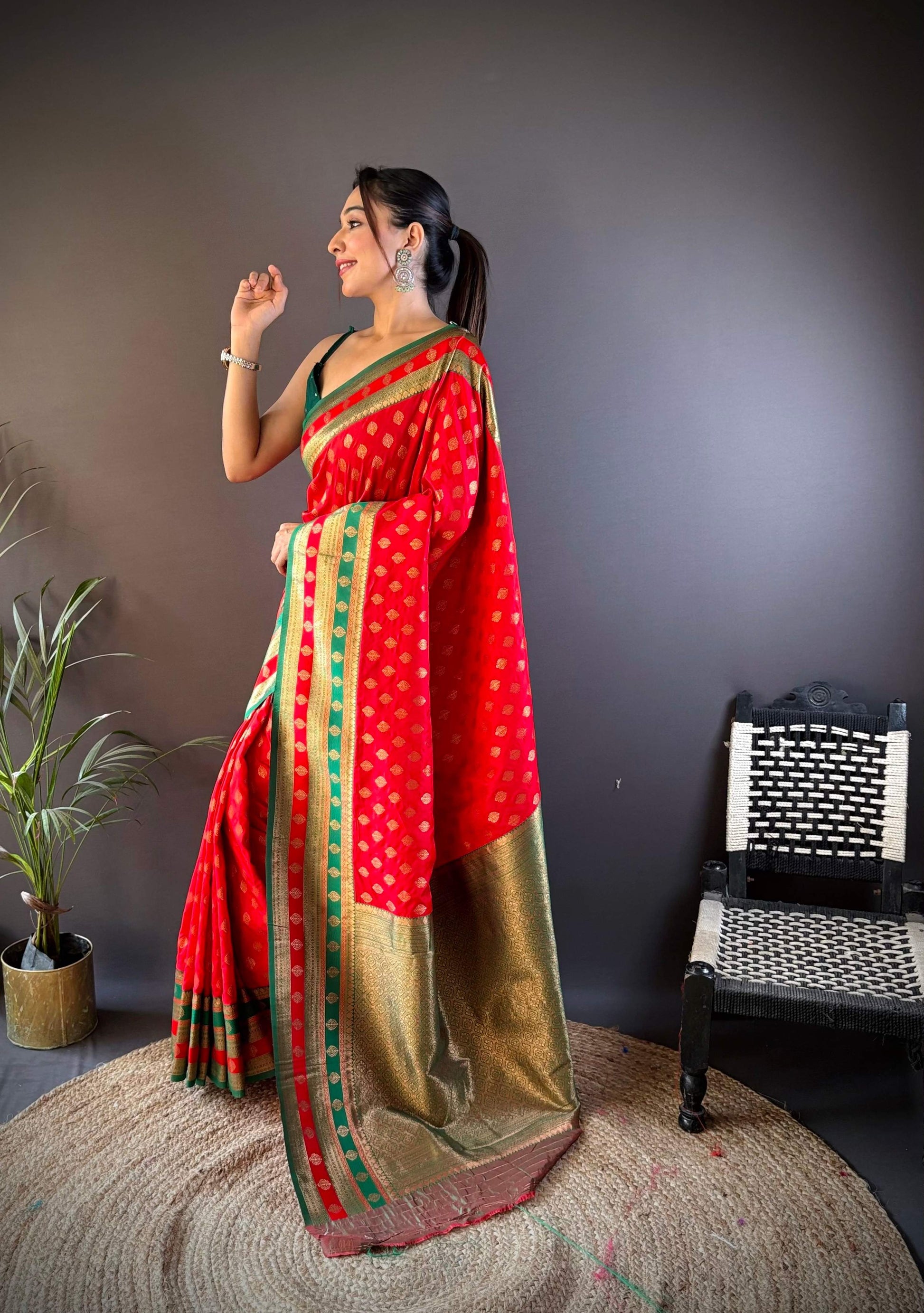 Sonakshi Women's Red Banarasi Silk Zari Woven Traditional Saree with Blouse | Swadesiicart