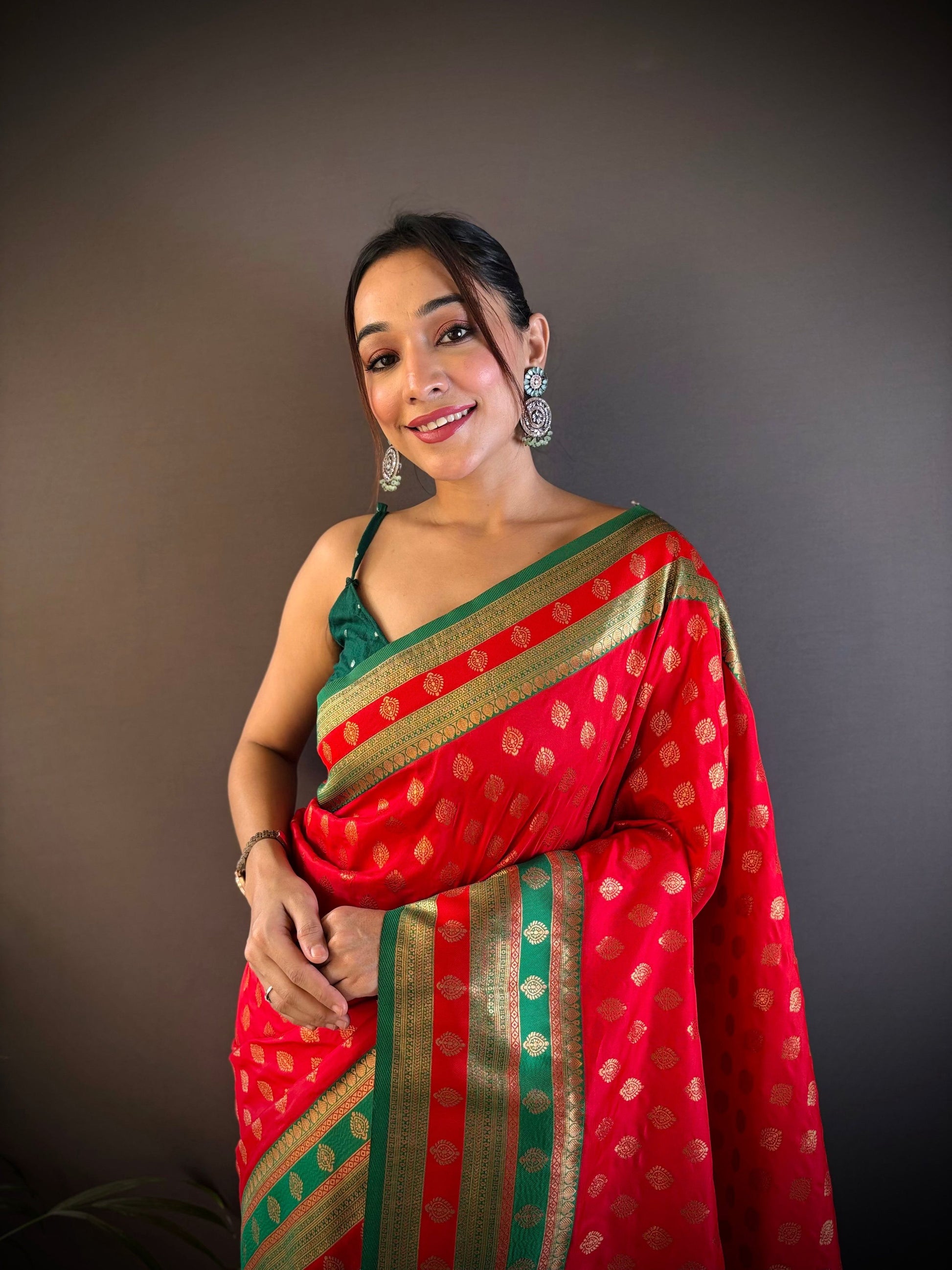 Sonakshi Women's Red Banarasi Silk Zari Woven Traditional Saree with Blouse | Swadesiicart