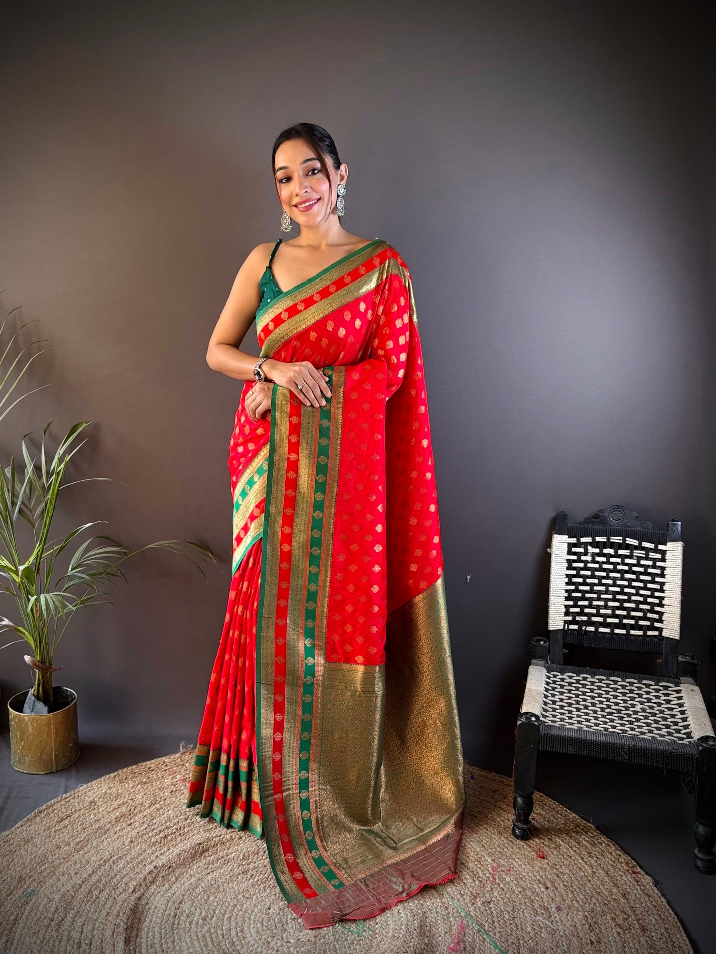 Sonakshi Women's Red Banarasi Silk Zari Woven Traditional Saree with Blouse | Swadesiicart
