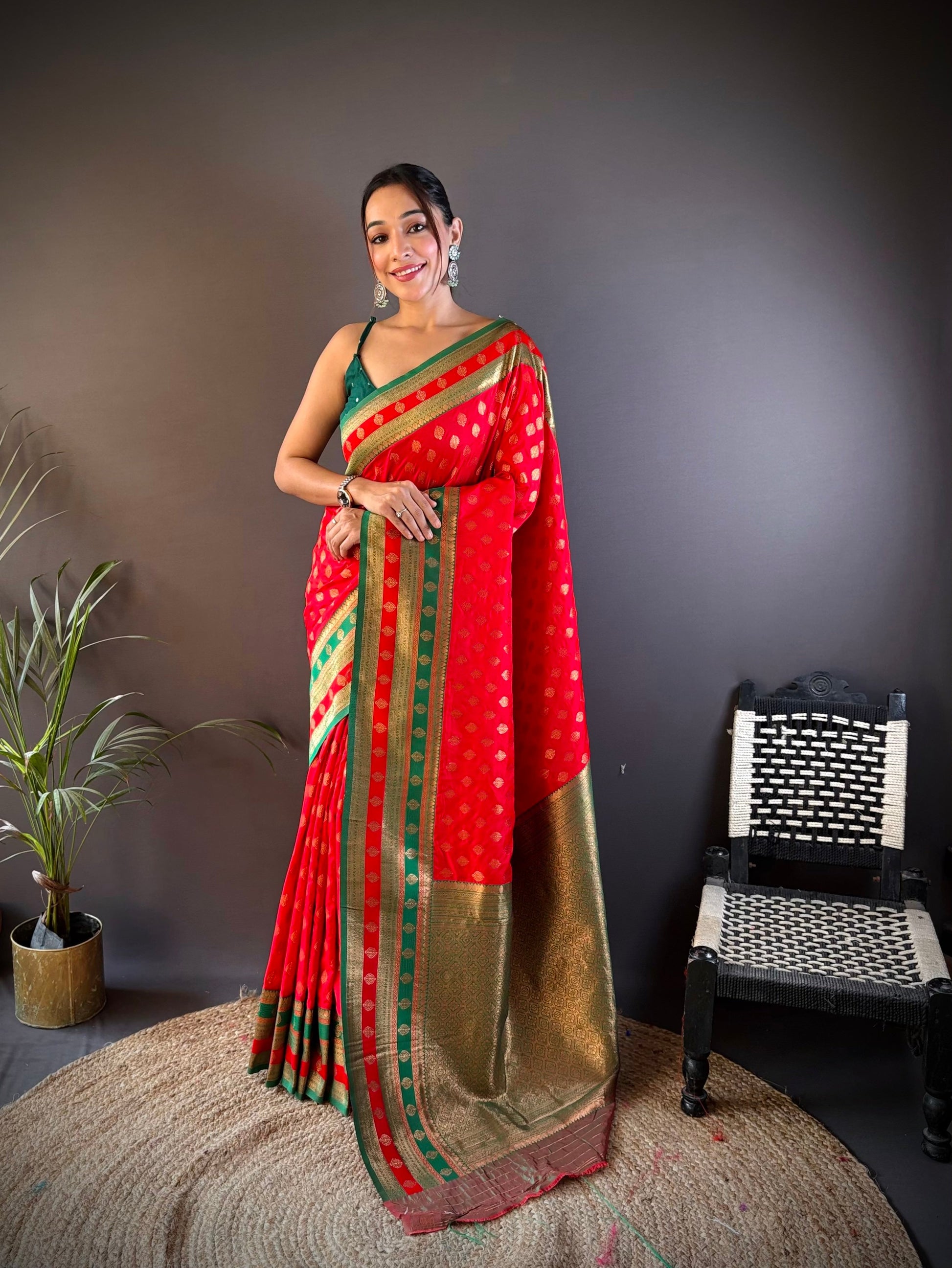 Sonakshi Women's Red Banarasi Silk Zari Woven Traditional Saree with Blouse | Swadesiicart