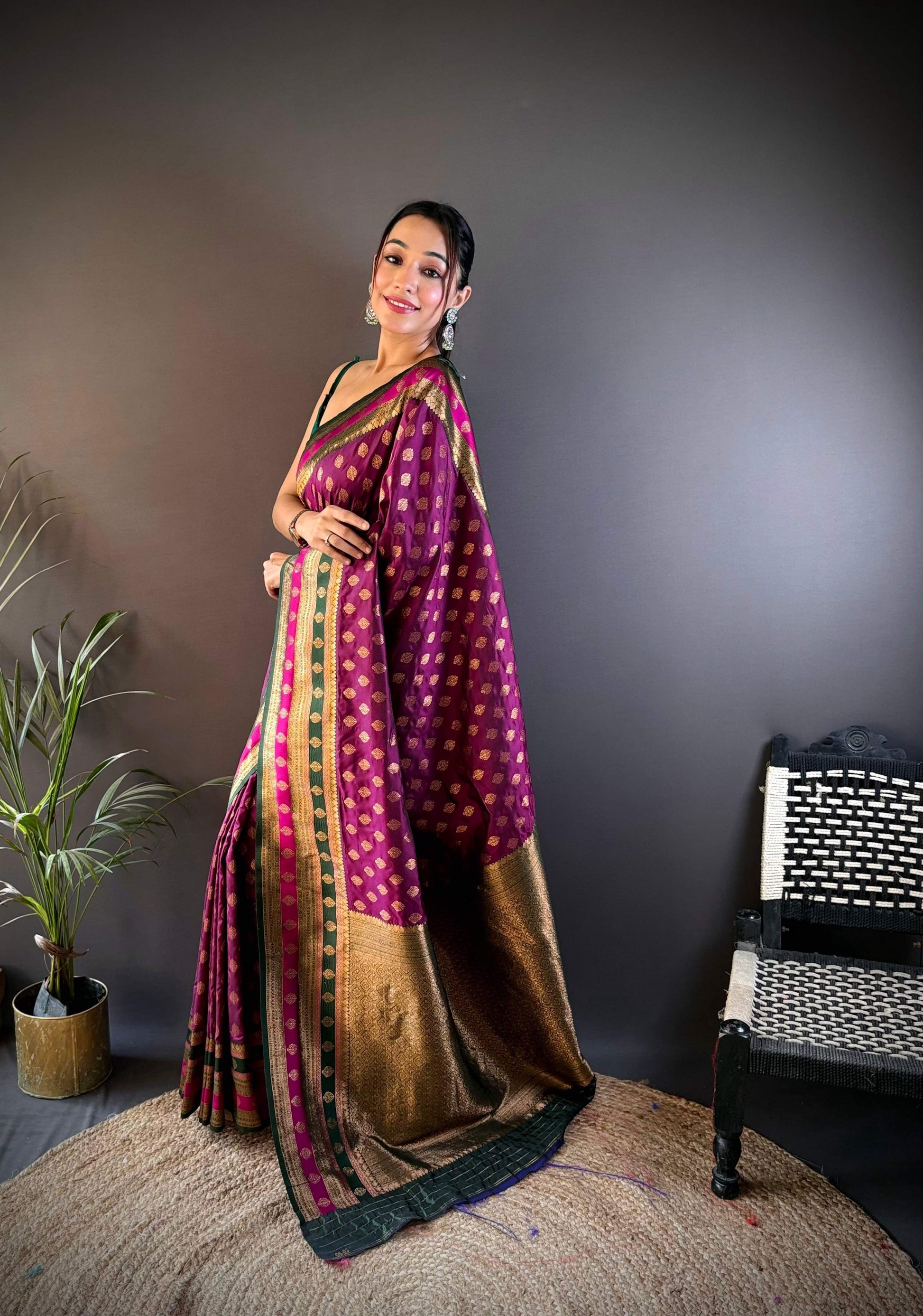 Sonakshi Women's Wine Banarasi Silk Zari Woven Traditional Saree with Blouse | Swadesiicart