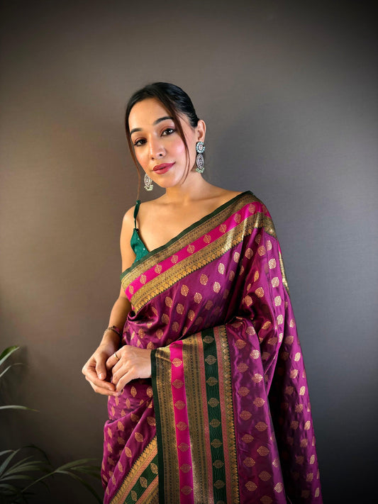 Sonakshi Women's Wine Banarasi Silk Zari Woven Traditional Saree with Blouse | Swadesiicart