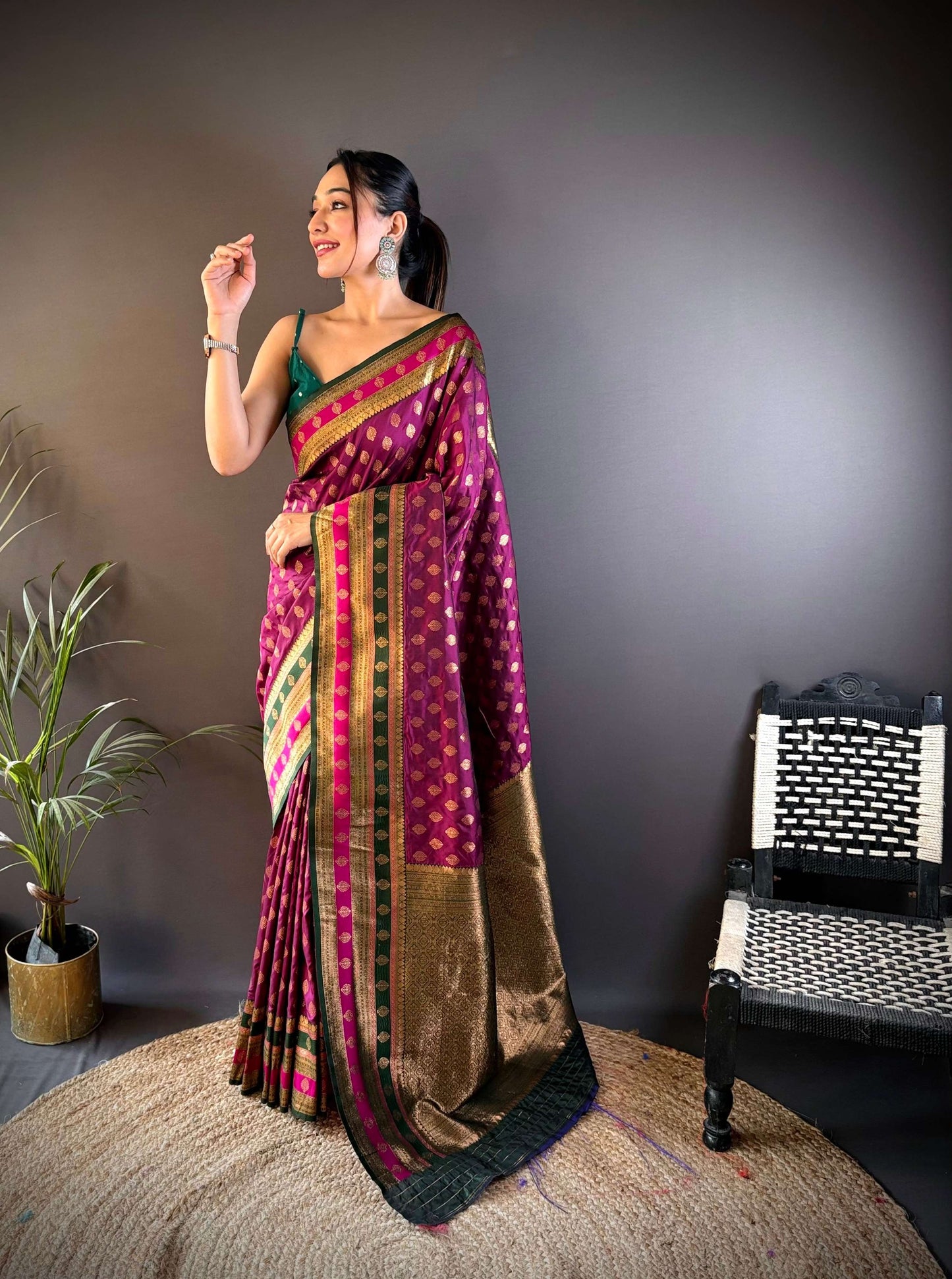 Sonakshi Women's Wine Banarasi Silk Zari Woven Traditional Saree with Blouse | Swadesiicart