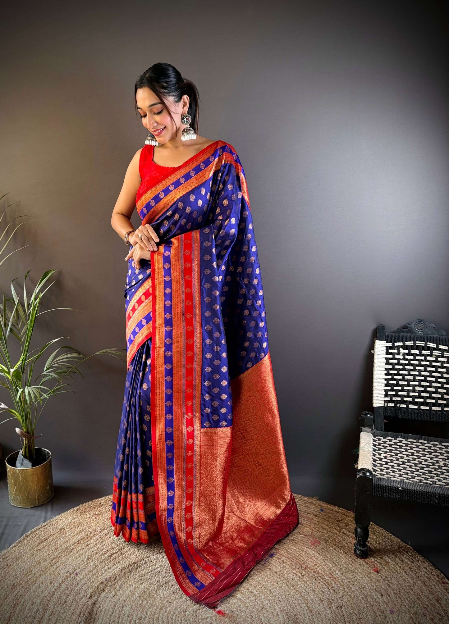 Sonakshi Women's Royal Blue Banarasi Silk Zari Woven Traditional Saree with Blouse | Swadesiicart