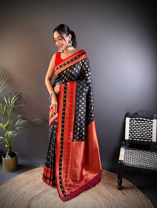 Sonakshi Women's Black Banarasi Silk Zari Woven Traditional Saree with Blouse | Swadesiicart