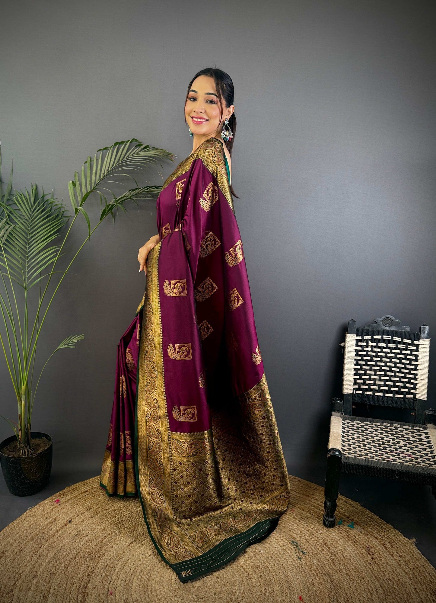 Sonakshi Women's Wine Banarasi Silk Zari Woven Traditional Saree with Blouse | Swadesiicart