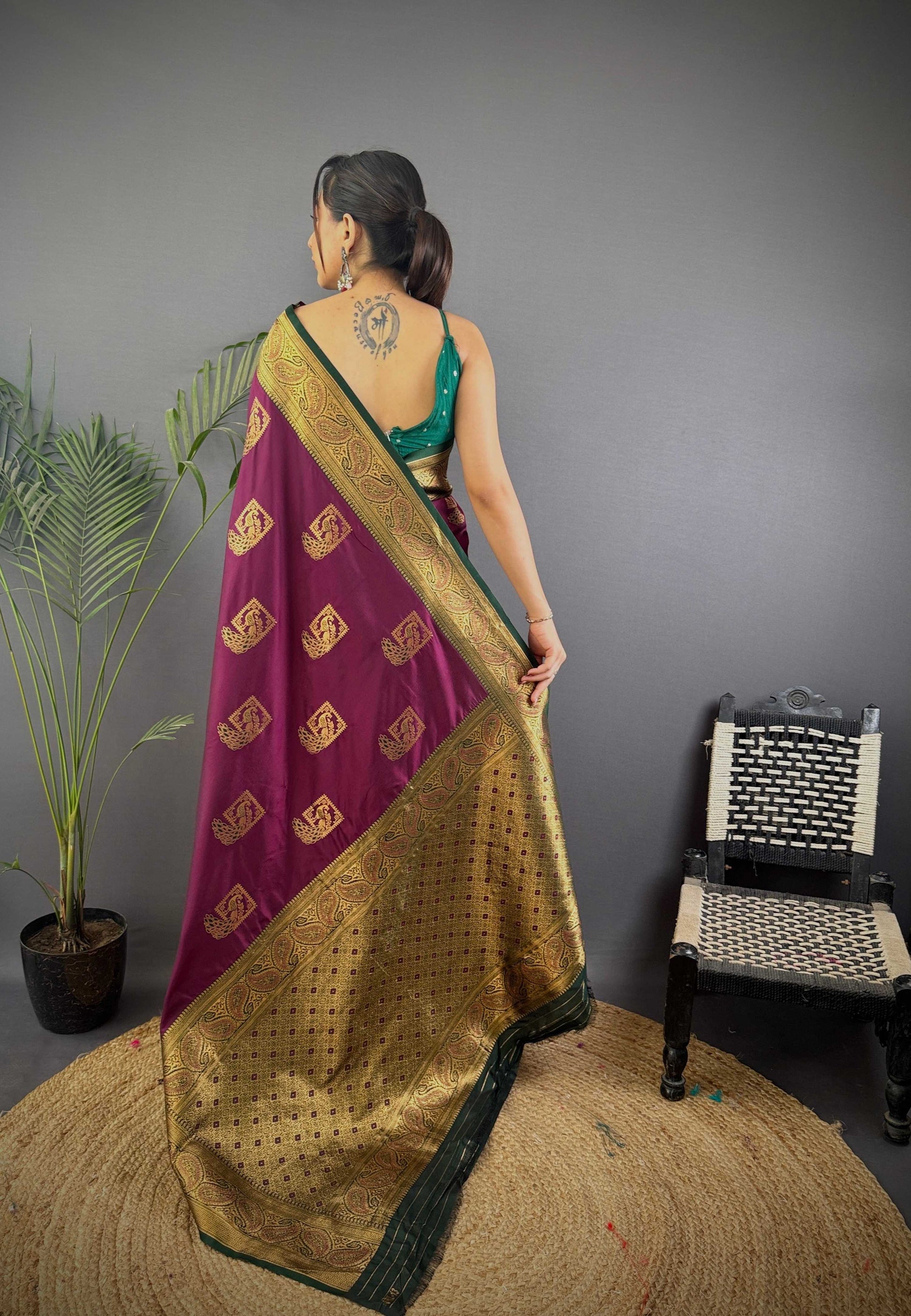 Sonakshi Women's Wine Banarasi Silk Zari Woven Traditional Saree with Blouse | Swadesiicart