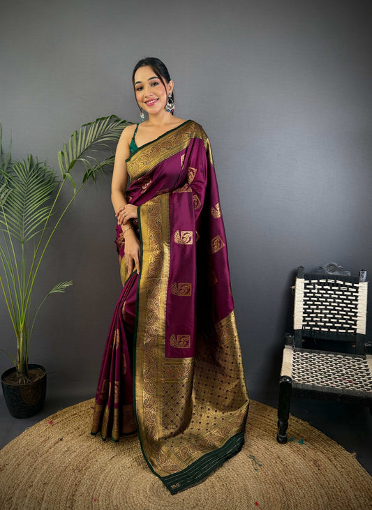 Sonakshi Women's Wine Banarasi Silk Zari Woven Traditional Saree with Blouse | Swadesiicart