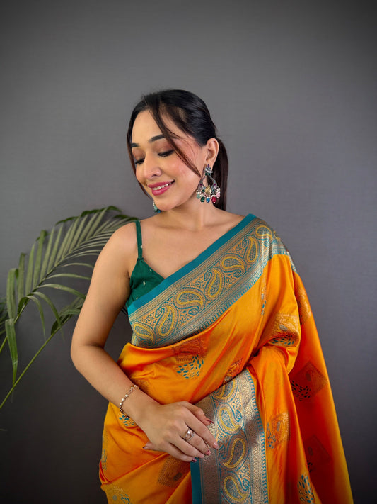 Sonakshi Women's Yellow Banarasi Silk Zari Woven Traditional Saree with Blouse | Swadesiicart