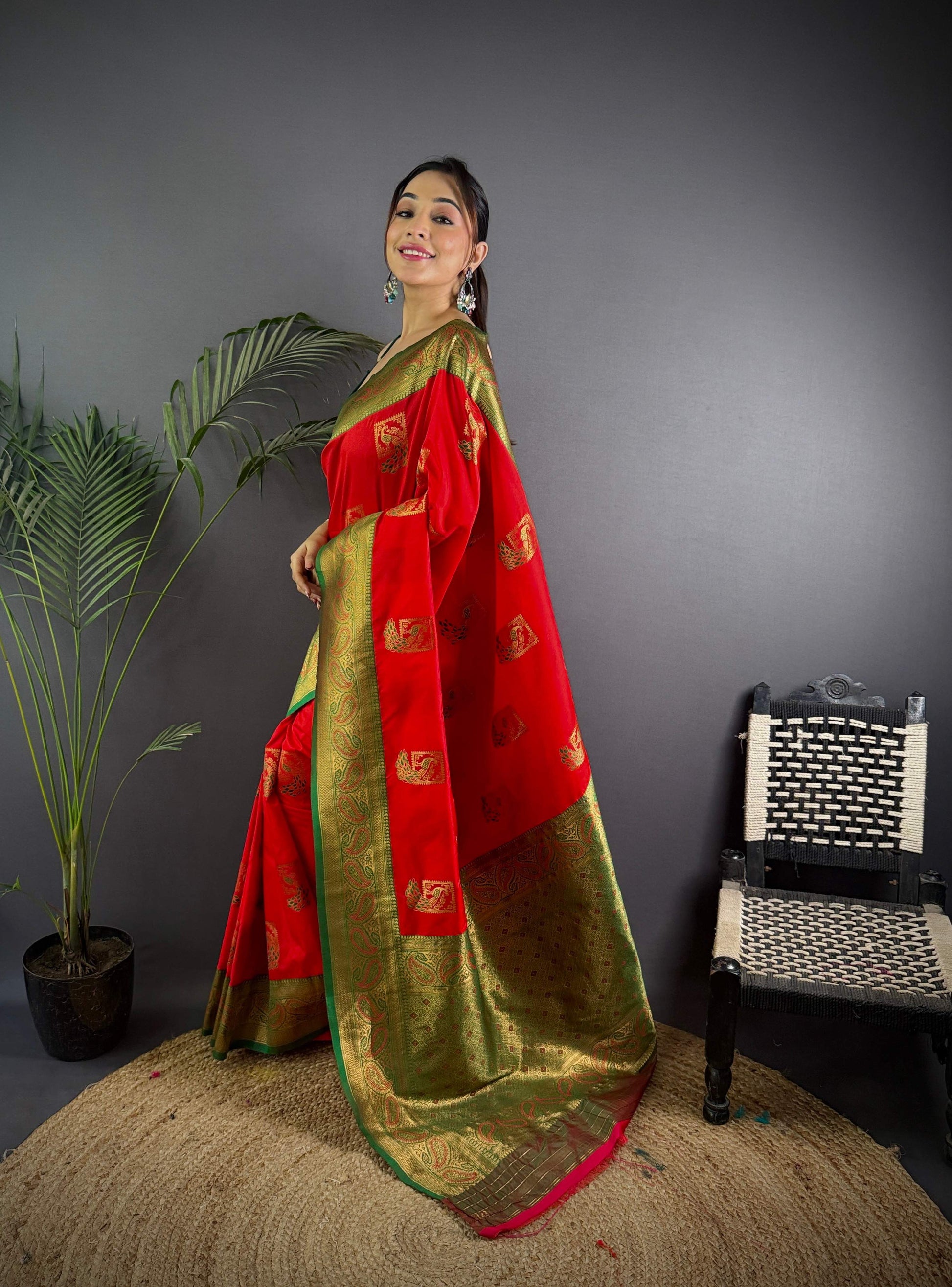 Sonakshi Women's Red Banarasi Silk Zari Woven Traditional Saree with Blouse | Swadesiicart