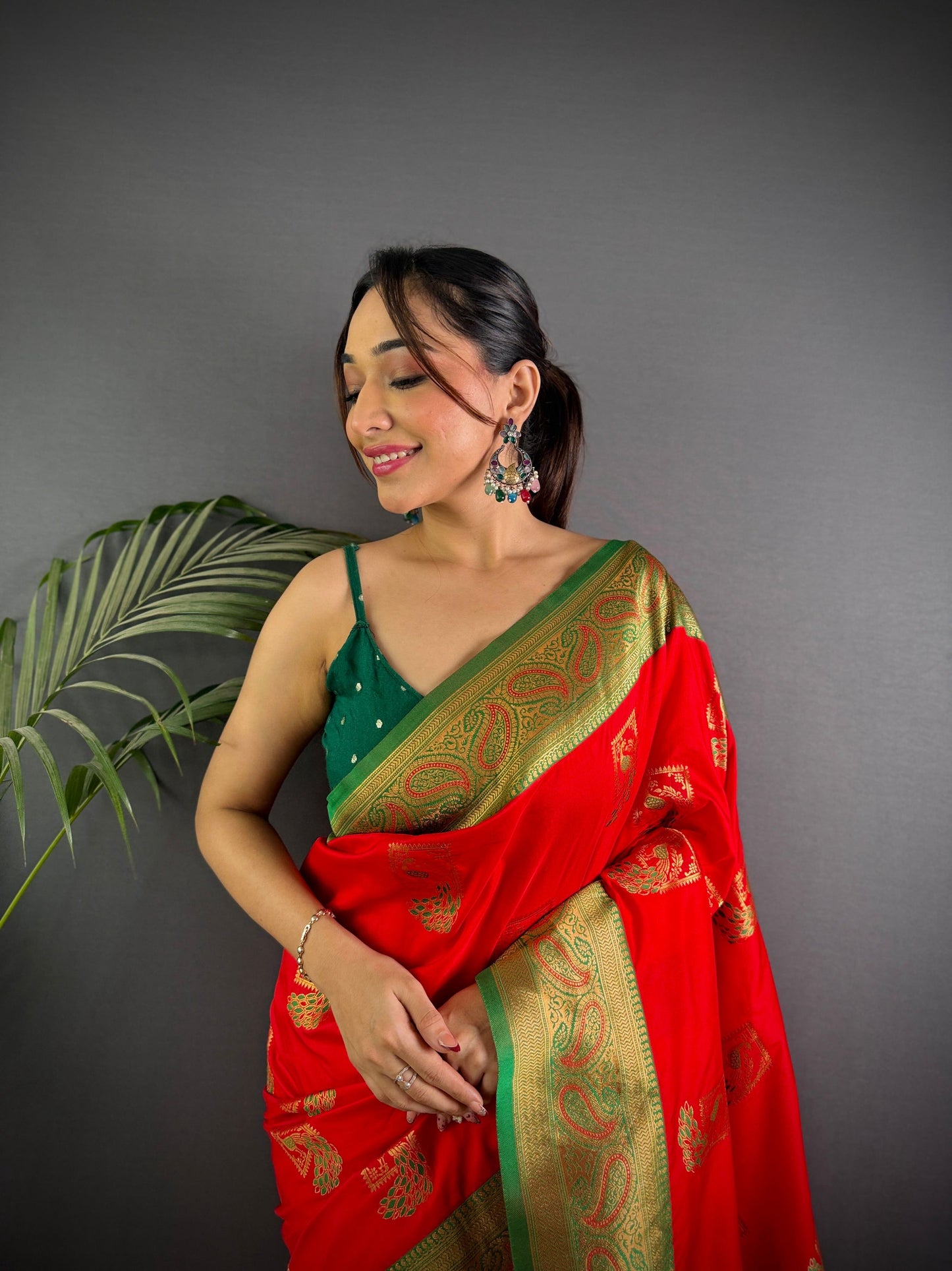 Sonakshi Women's Red Banarasi Silk Zari Woven Traditional Saree with Blouse | Swadesiicart