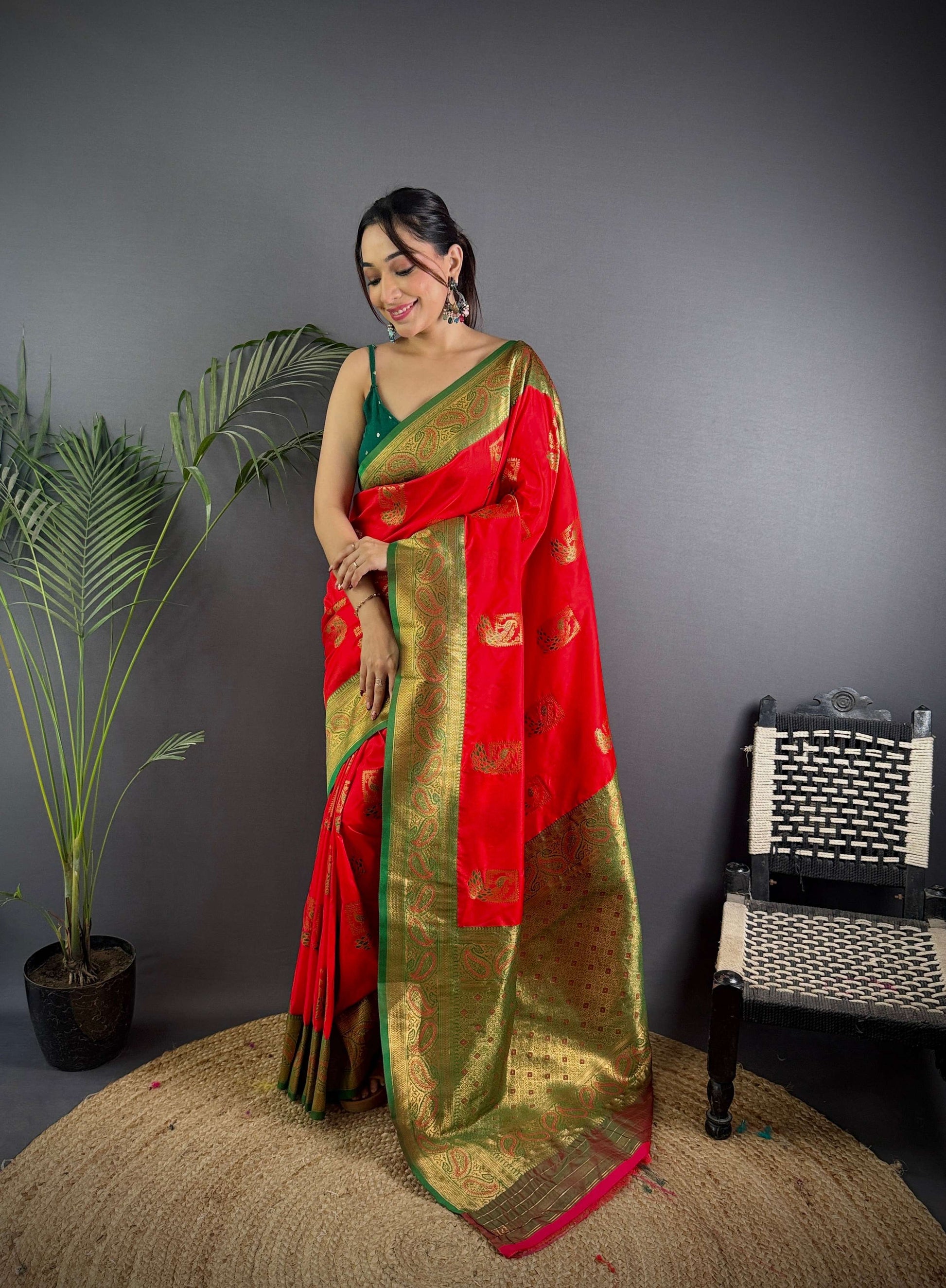 Sonakshi Women's Red Banarasi Silk Zari Woven Traditional Saree with Blouse | Swadesiicart
