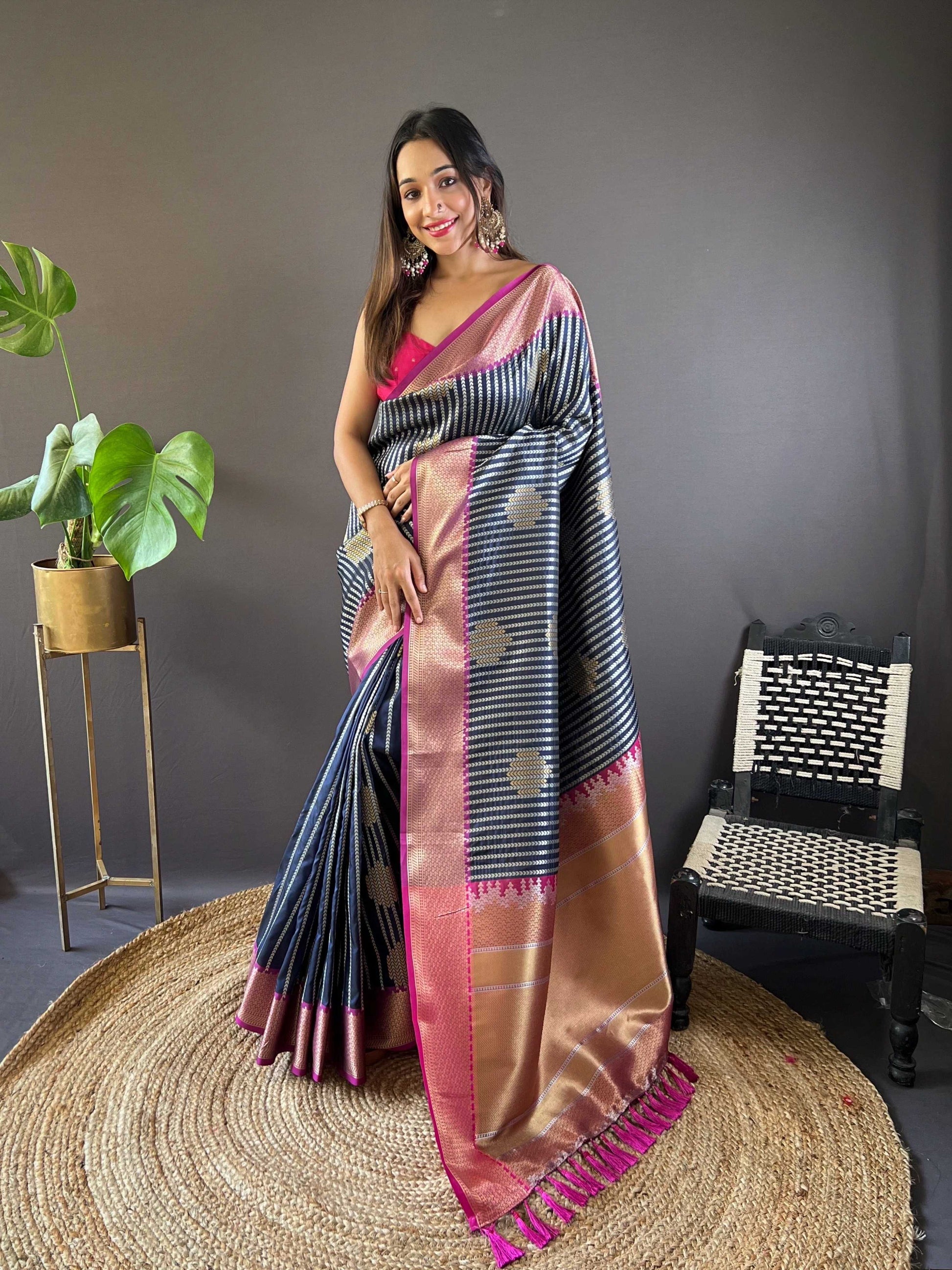 Sonakshi Women's Black Banarasi Silk Zari Woven Traditional Saree with Blouse | Swadesiicart