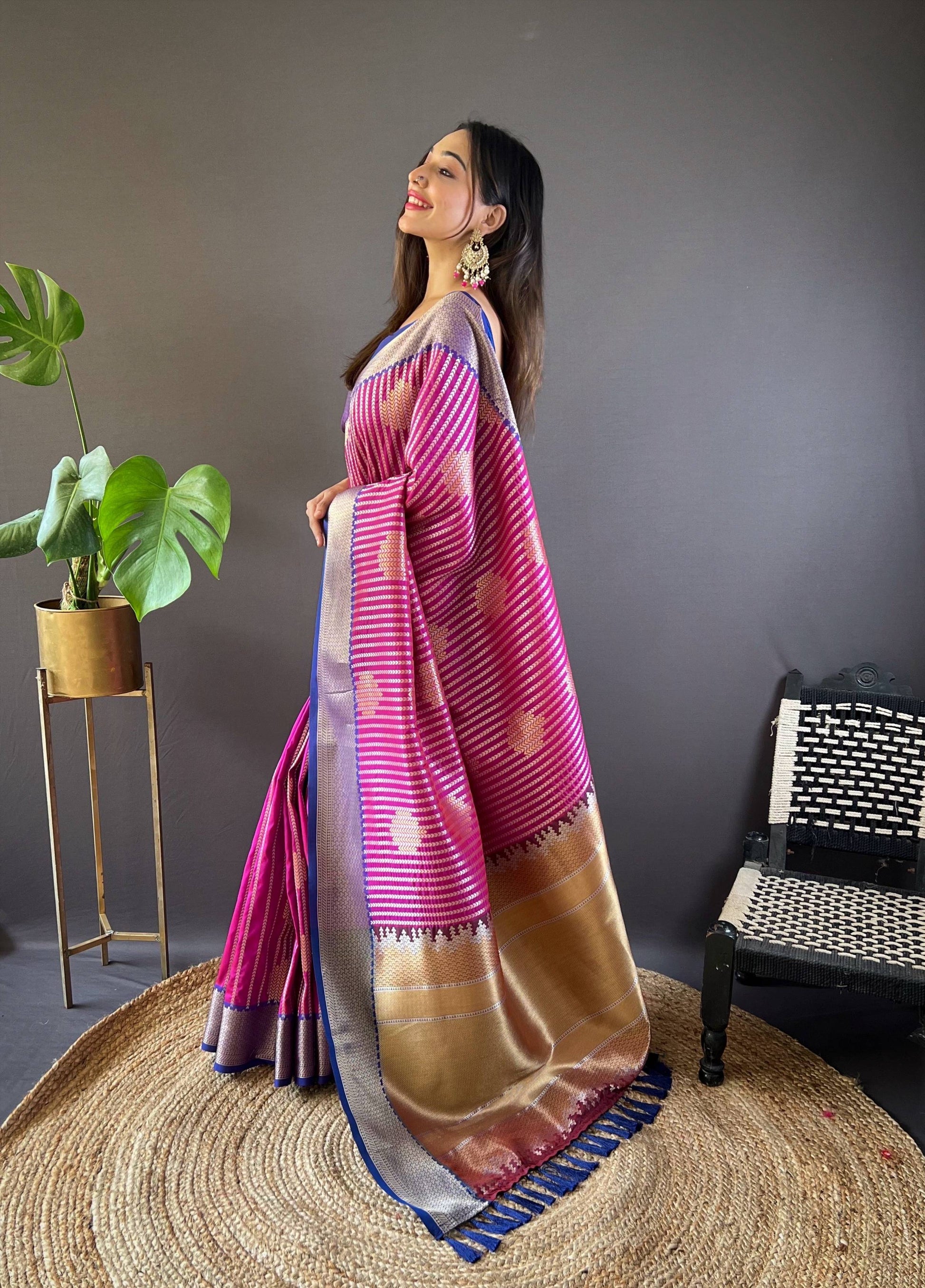 Sonakshi Women's Purple Banarasi Silk Zari Woven Traditional Saree with Blouse | Swadesiicart