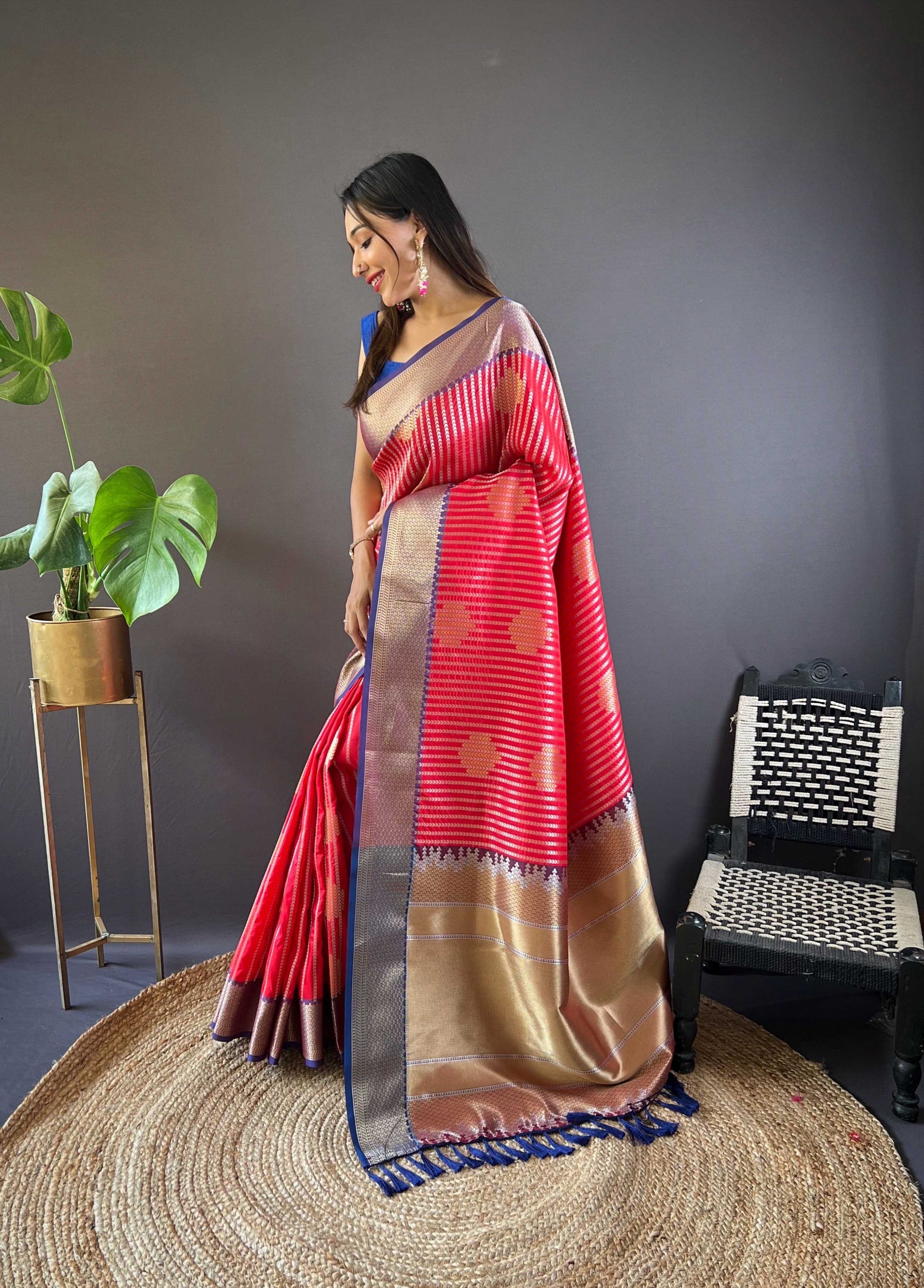 Sonakshi Women's Red Banarasi Silk Zari Woven Traditional Saree with Blouse | Swadesiicart
