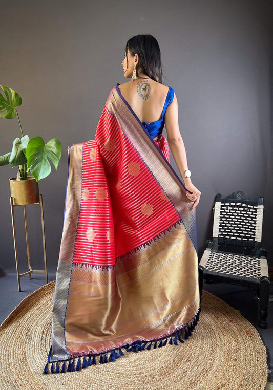 Sonakshi Women's Red Banarasi Silk Zari Woven Traditional Saree with Blouse | Swadesiicart