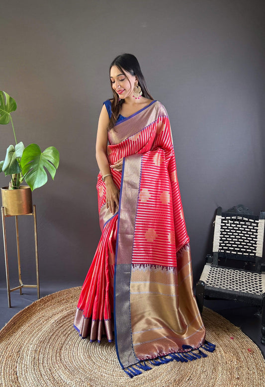 Sonakshi Women's Red Banarasi Silk Zari Woven Traditional Saree with Blouse | Swadesiicart
